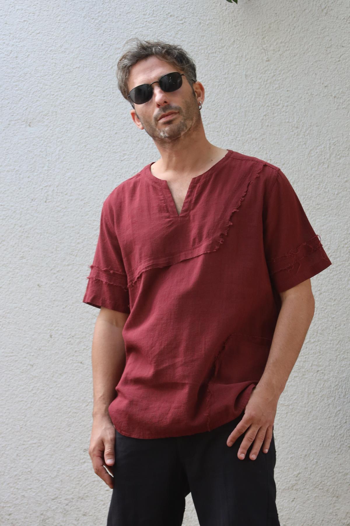 Bordo Kesik Yaka Dikiş Detaylı Erkek Tshirt