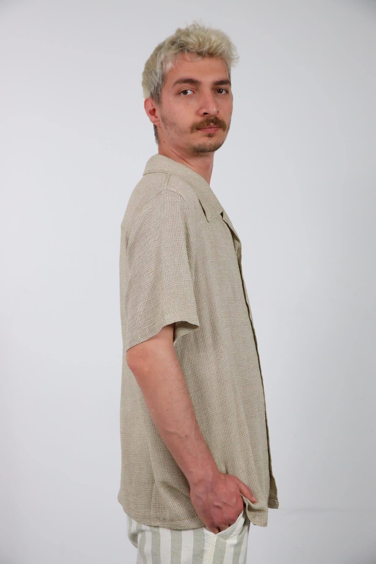  Açık Haki Örme Pamuk Kumaş Kısa Kollu Erkek Gömlek