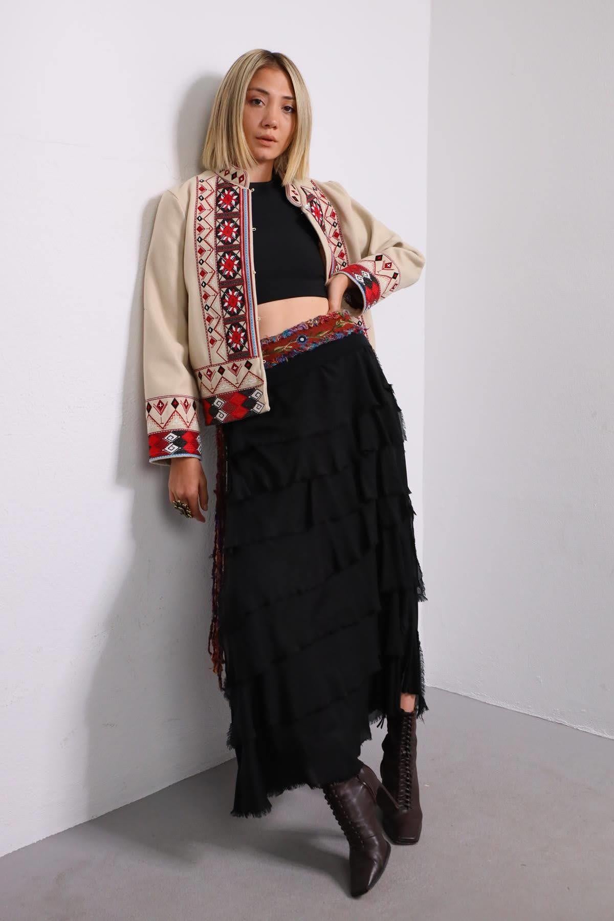Saman Butik | Shop Online Black Layered Silk Skirt