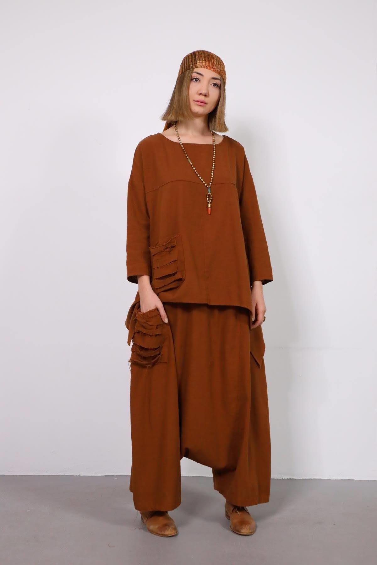  Acı Kahve Cebi Yırtık Detaylı Keten Şalvar