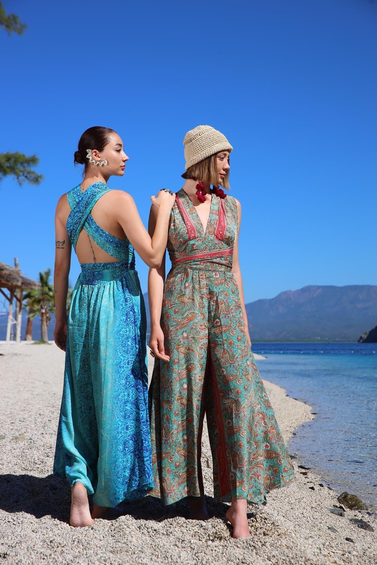 Mint Yeşili Şal Desenli İpek Tulum - Şaman Butik Mint Yeşili Şal Desenli İpek Tulum