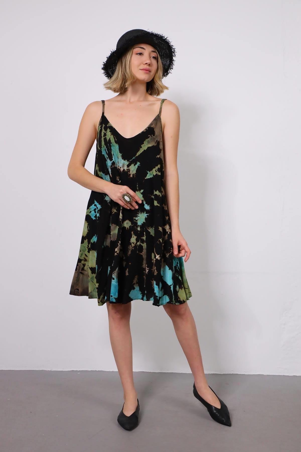 Black Batic Detailed Strappy Short Dress Black Batic Detailed Strappy Short Dress