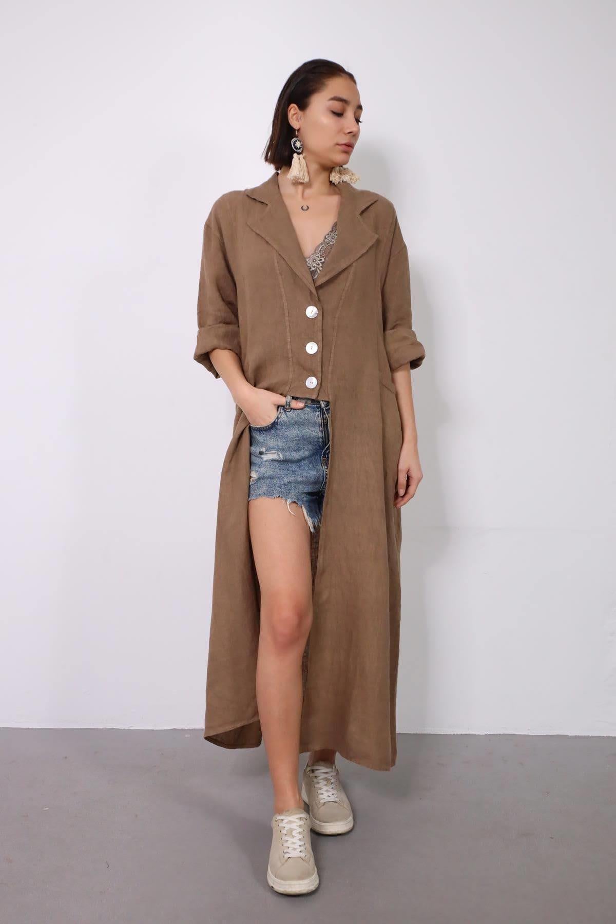 Toprak Rengi Yakalı Üç Düğmeli Keten Kap - Şaman Butik Toprak Rengi Yakalı Üç Düğmeli Keten Kap