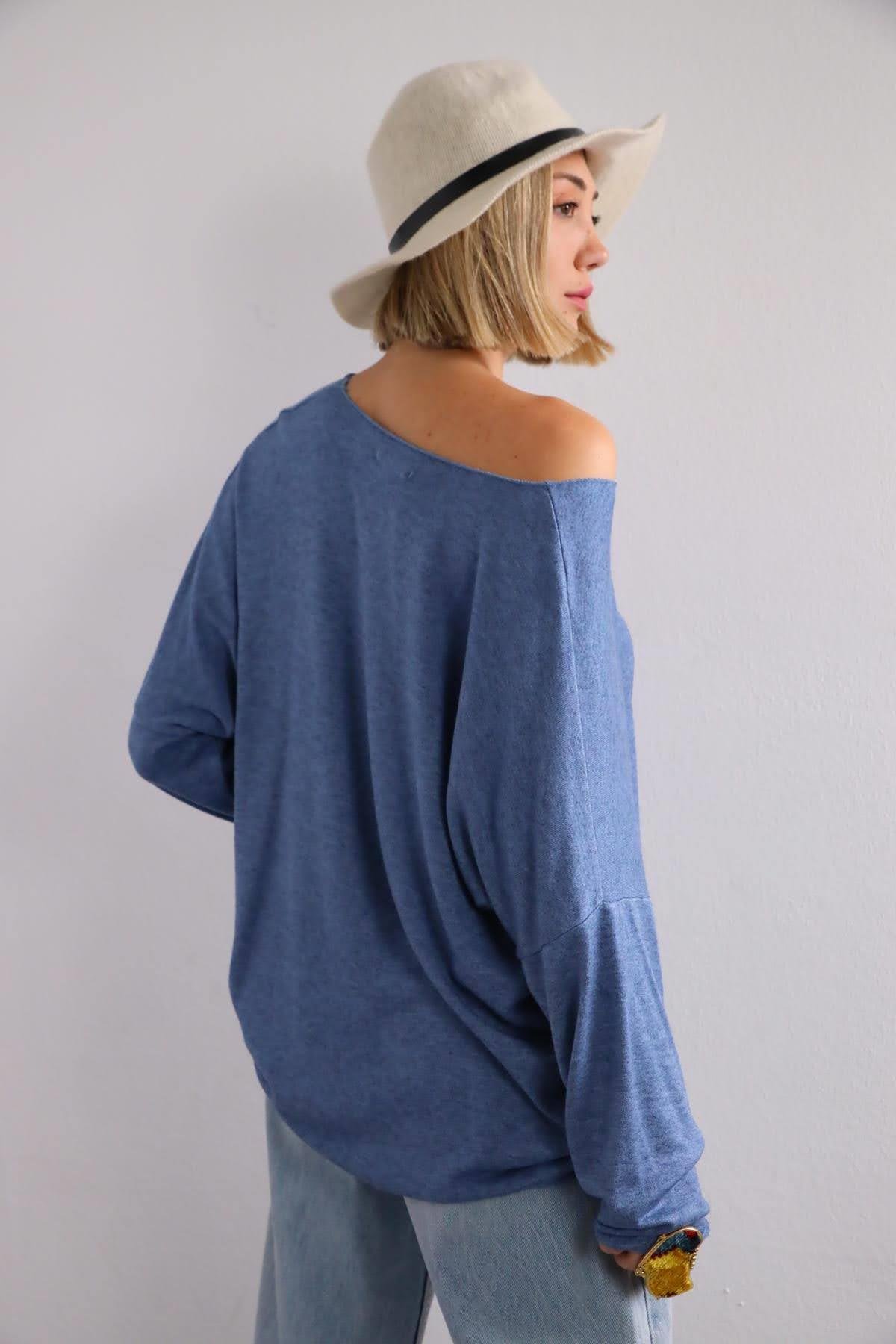 Navy Blue Floral Stitched Waist Shirt Dress - Şaman Butik Dark Blue V-Neck Soft Texture Knit Blouse