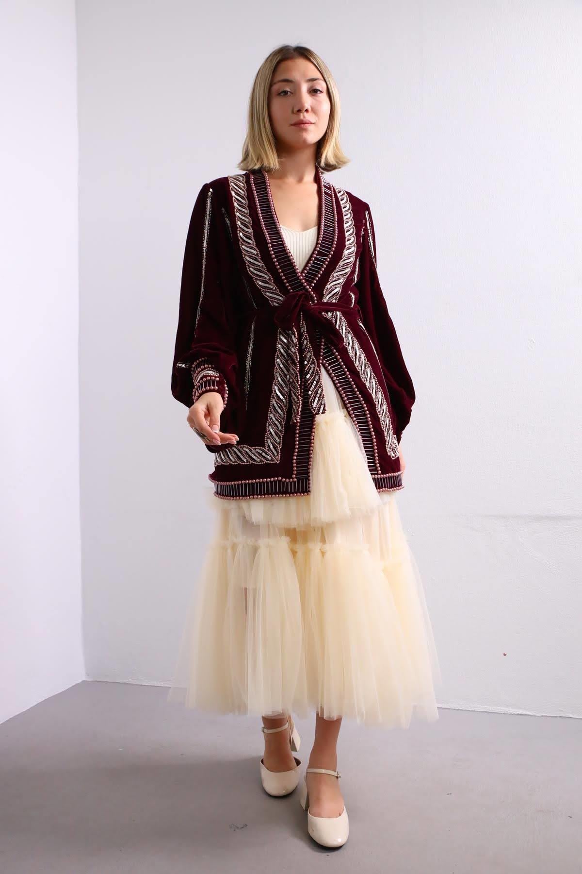 Bordo Boncuk İşlemeli Bohem Ceket - Şaman Butik Bordo Boncuk İşlemeli Bohem Ceket