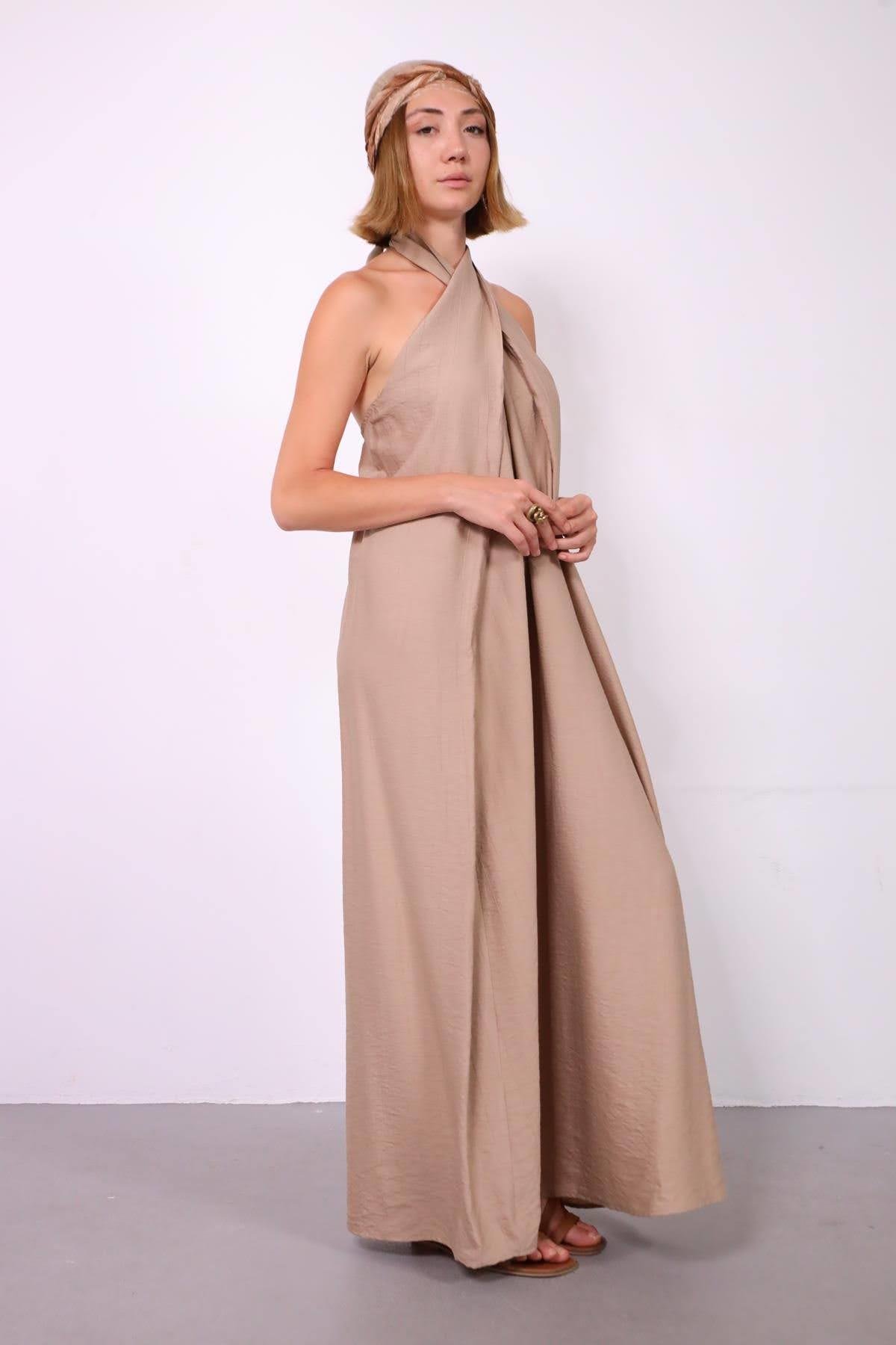 Vizon Rengi Bağlamalı Halter Yaka Elbise - Şaman Butik Vizon Rengi Bağlamalı Halter Yaka Elbise