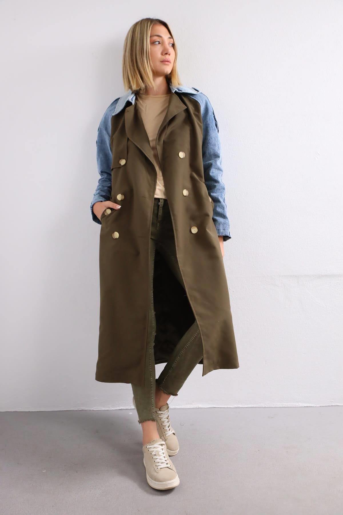  Haki Kolları Kot Detaylı Trençkot
