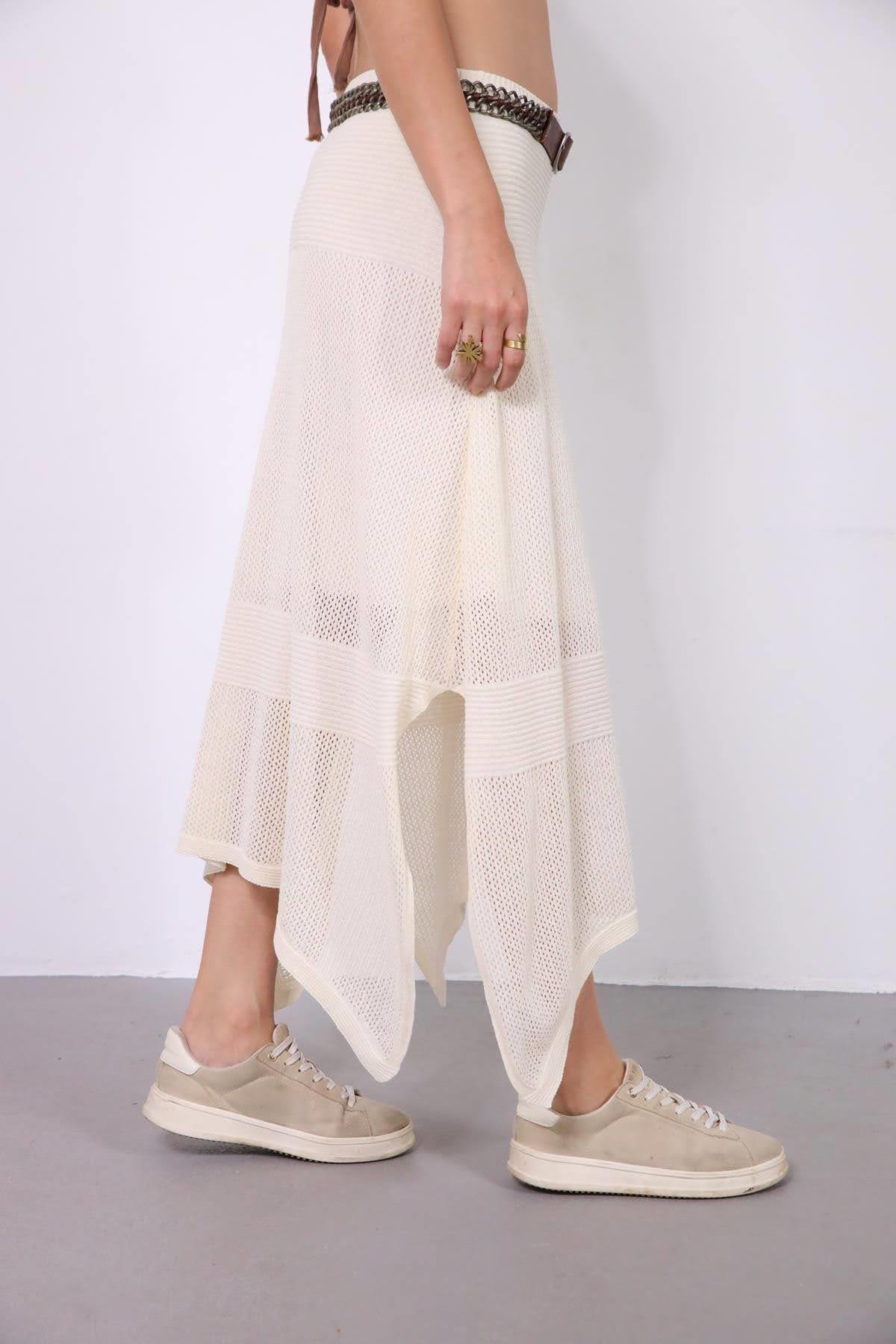  Ekru Yanları Uzun File Örme Etek