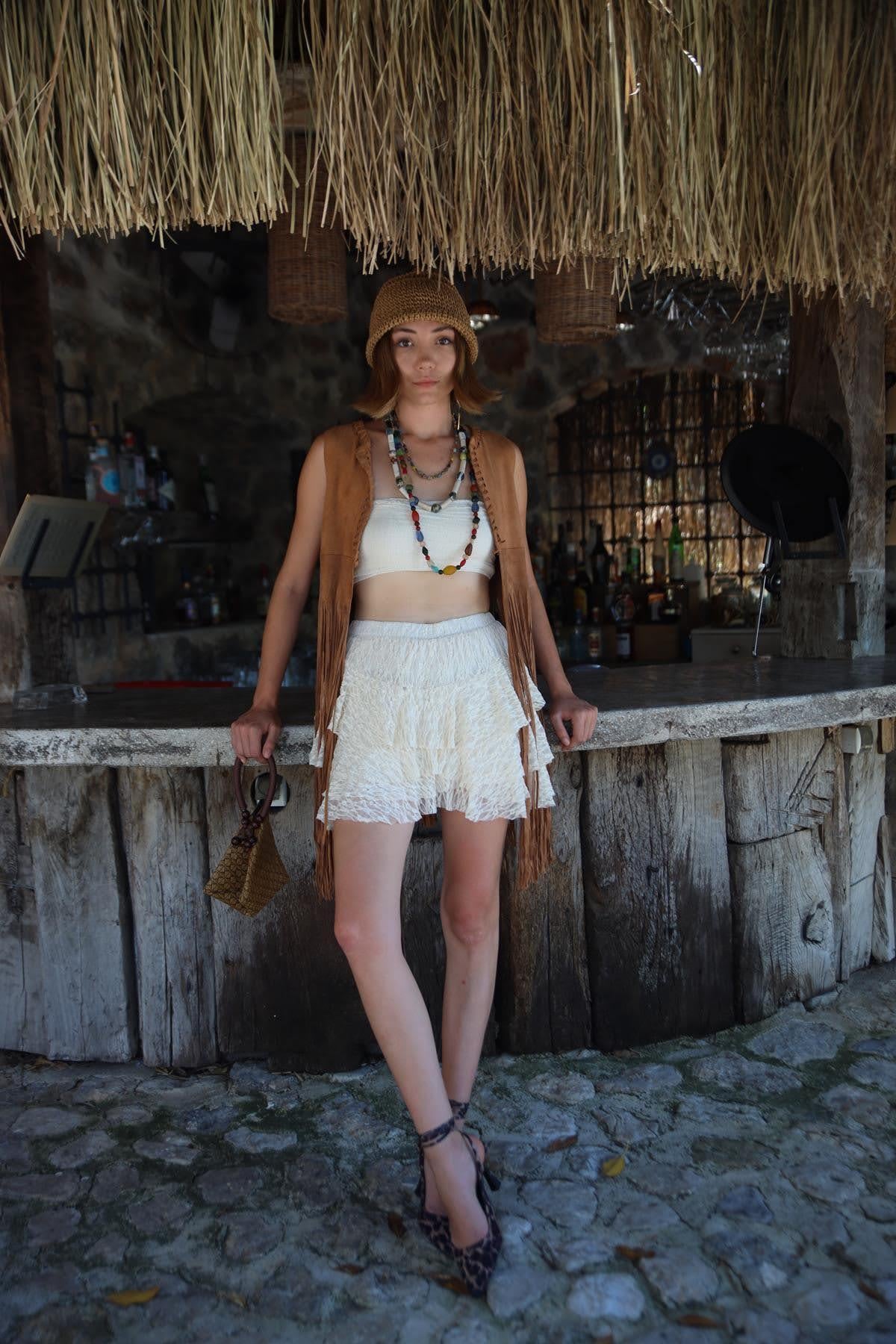 Camel Rengi Püsküllü Süet Deri Kovboy Yeleği - Şaman Butik Camel Rengi Püsküllü Süet Deri Kovboy Yeleği
