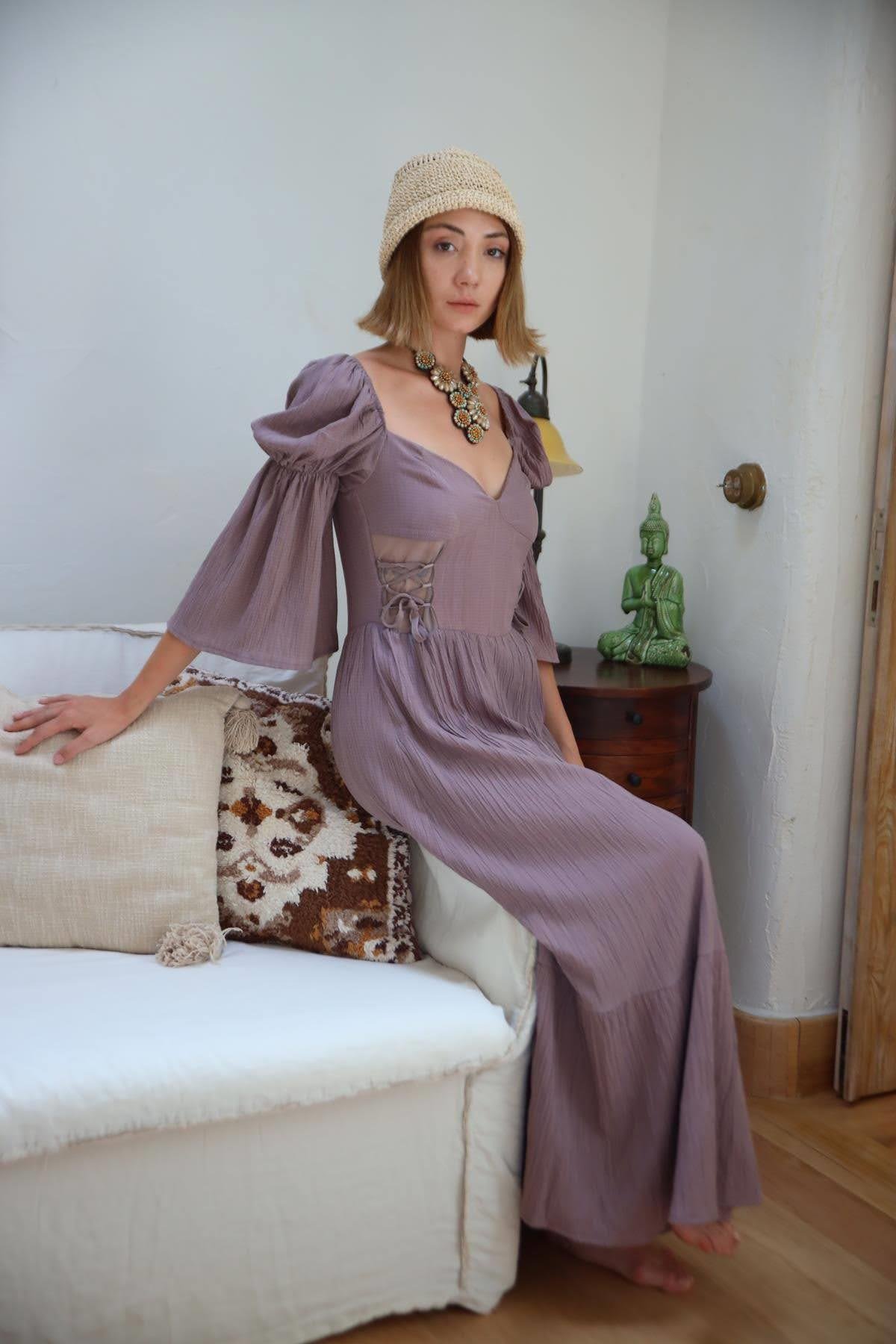 Vizon Rengi Düşük Kol Balenli Uzun Gofre Elbise - Şaman Butik Vizon Rengi Düşük Kol Balenli Uzun Gofre Elbise