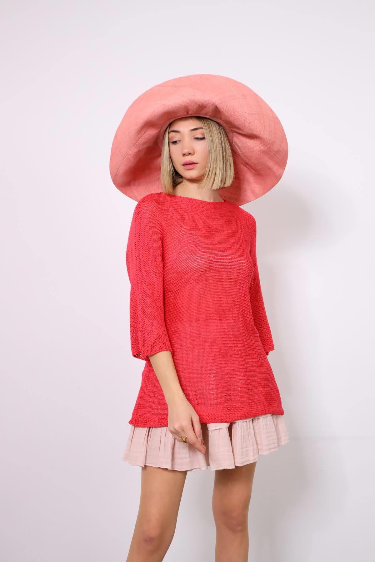 Fuchsia Boat Neck Elbow Sleeve Mercerized Blouse - Saman Butik Fuchsia Boat Neck Elbow Sleeve Mercerized Blouse