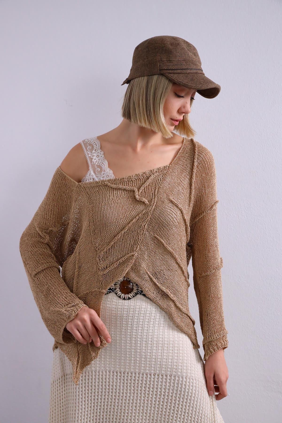 Camel Rengi Kare Yaka Dikiş Detay Merserize Bluz - Şaman Butik Camel Rengi Kare Yaka Dikiş Detay Merserize Bluz