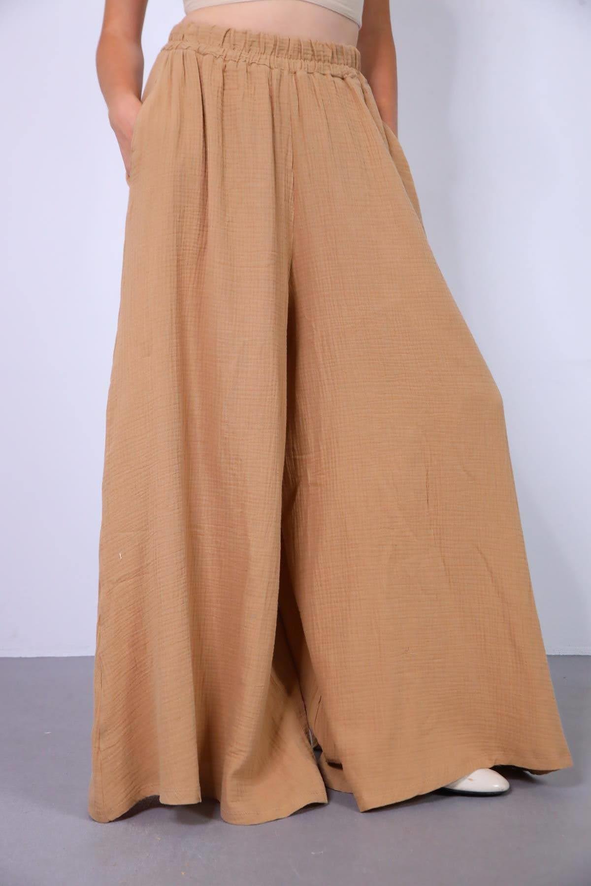 Camel Rengi Müslin Kumaş Bol Paça Pantolon - Şaman Butik - Bohem Giyim ve Aksesuar | Kadın & Erkek Camel Rengi Müslin Kumaş Bol Paça Pantolon