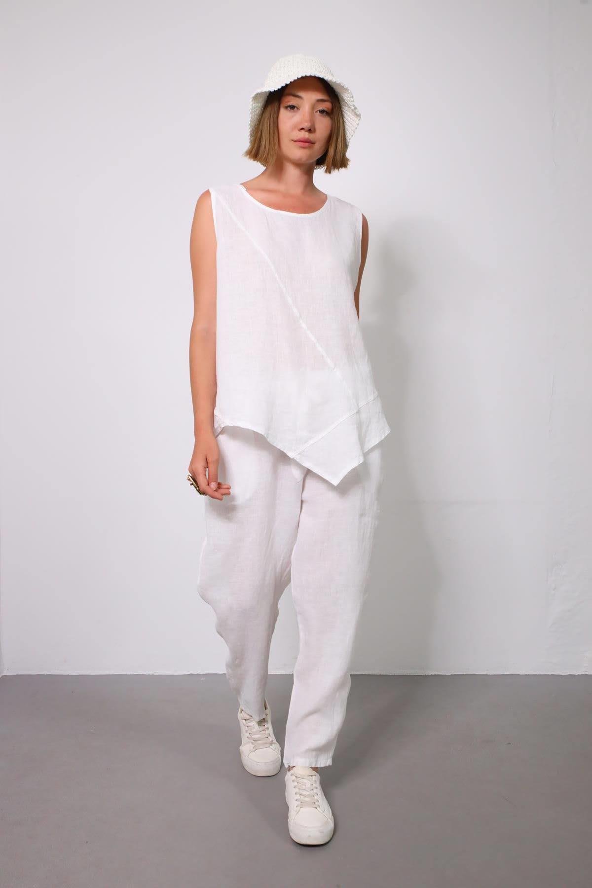  Beyaz Dikişli Sıfır Kol Bluz ve Pantolon Keten Takım