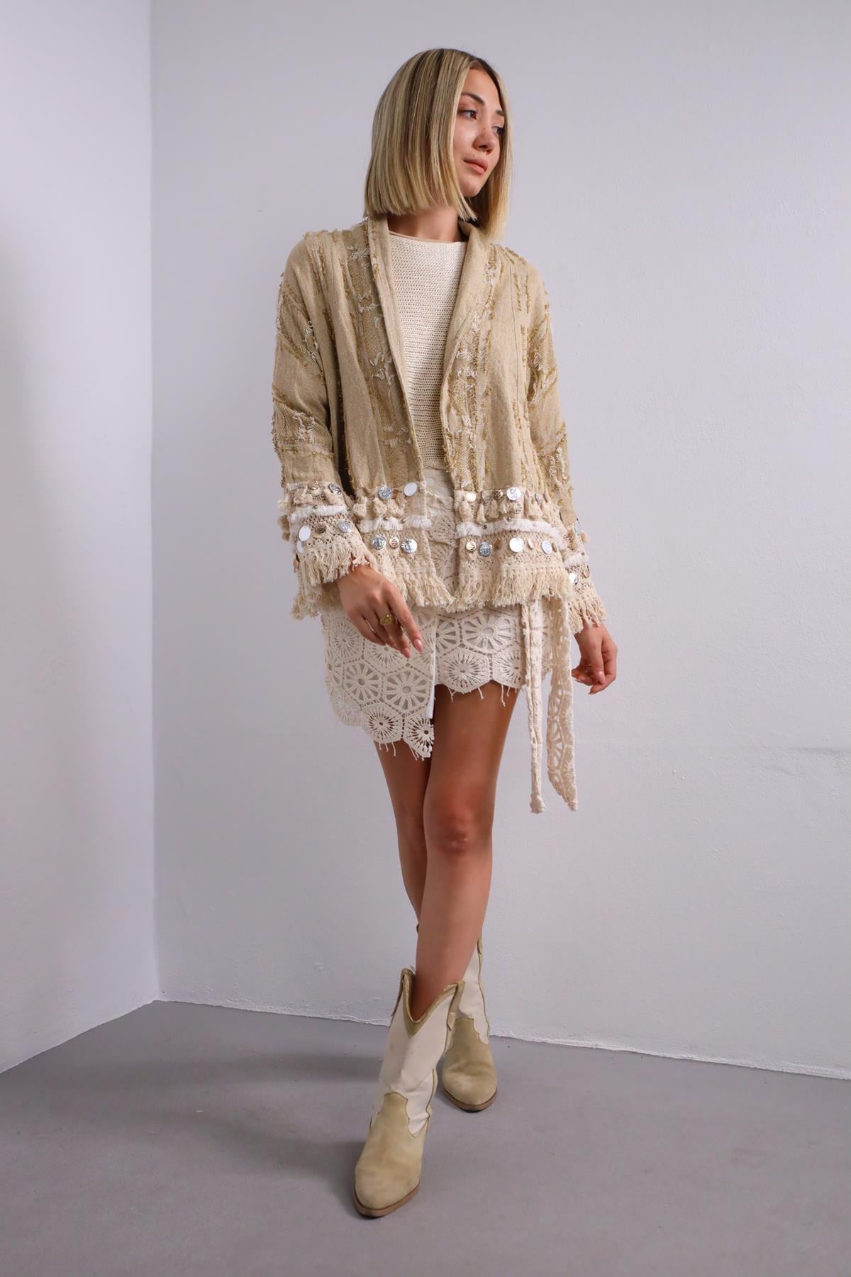 Camel Rengi Saçaklı Kısa Etnik Ceket  - Şaman Butik Camel Rengi Saçaklı Kısa Etnik Ceket