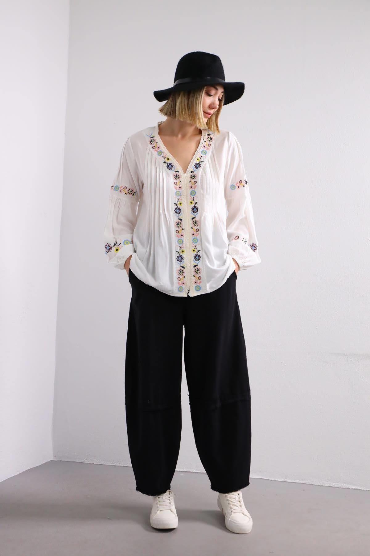 White Floral Embroidered Lace Detailed Shirt White Floral Embroidered Lace Detailed Shirt