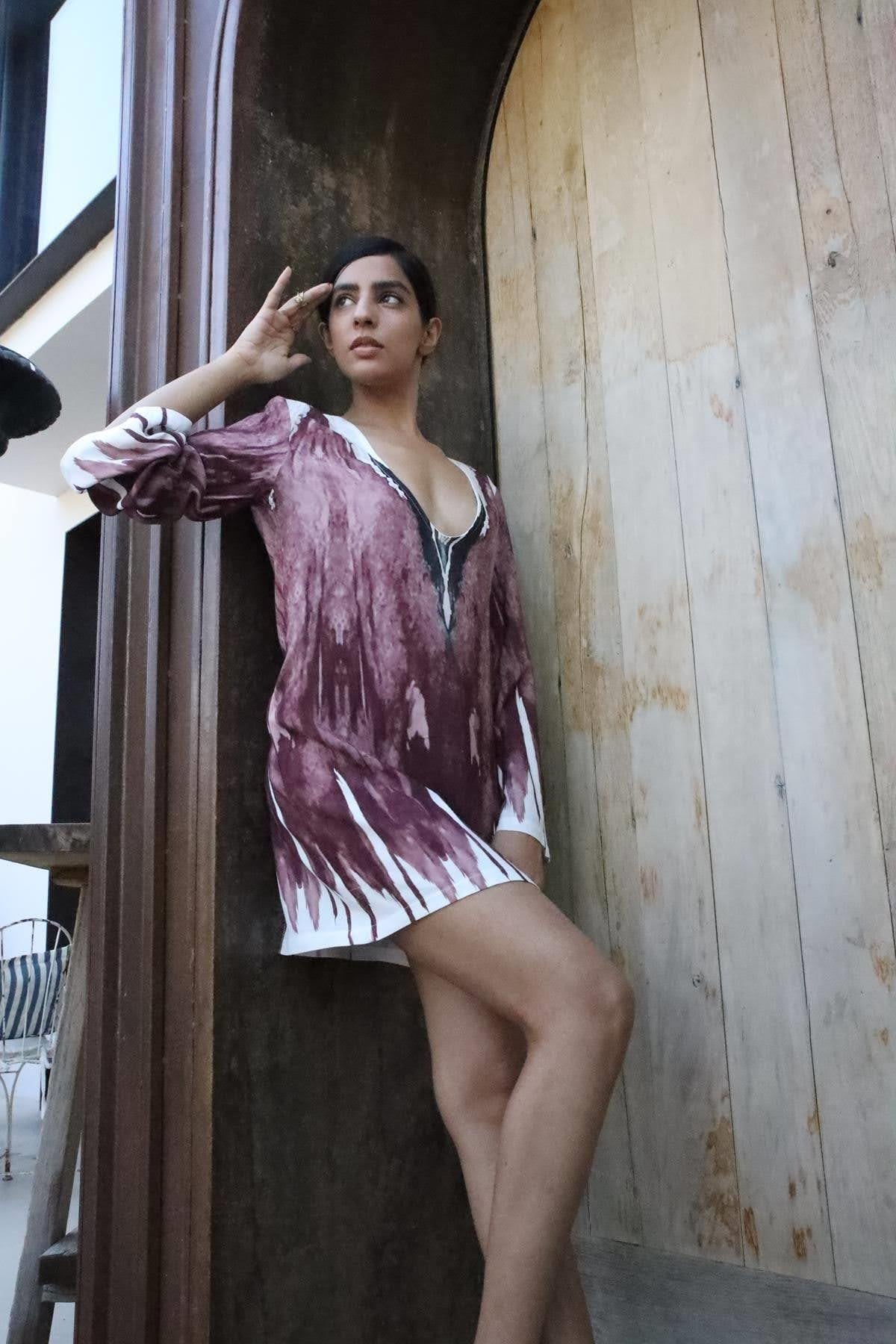 Bordo Desenli Derin Bisiklet Yaka İspanyol Kol Tunik - Şaman Butik Bordo Desenli Derin Bisiklet Yaka İspanyol Kol Tunik