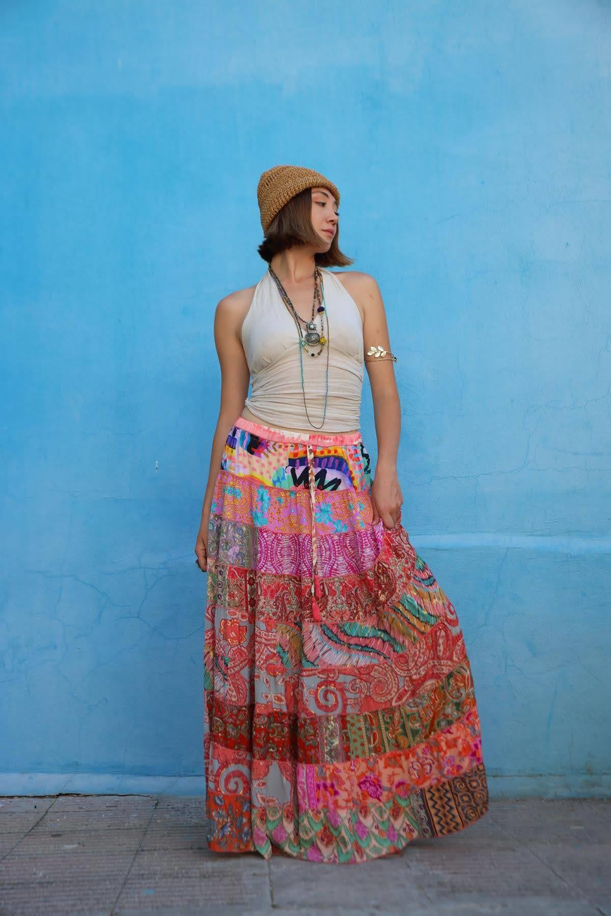 Renkli Patchwork Otantik İpek Etek - Şaman Butik Renkli Patchwork Otantik İpek Etek