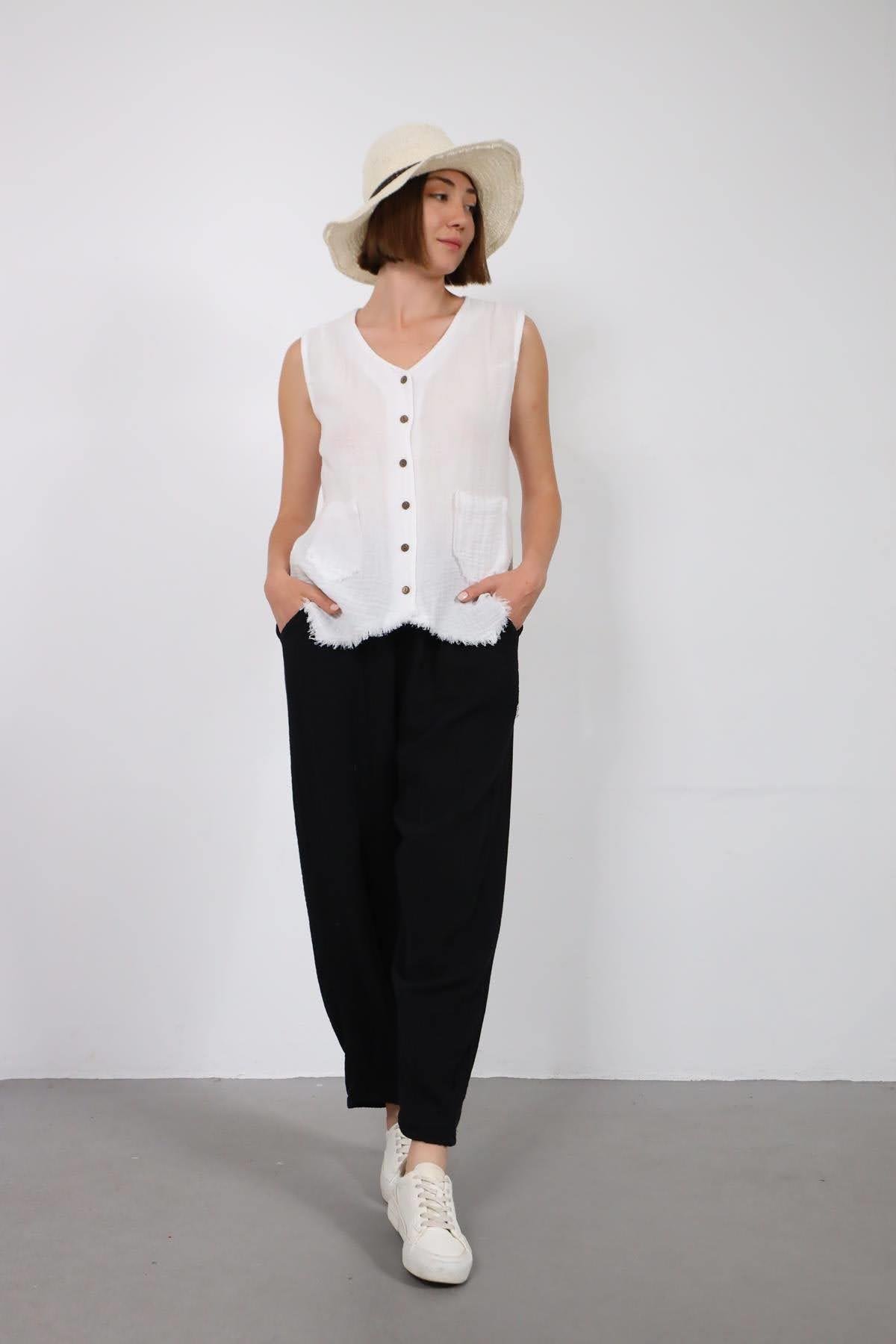 Siyah Paçası Pileli Müslin Pantolon - Şaman Butik Siyah Paçası Pileli Müslin Pantolon