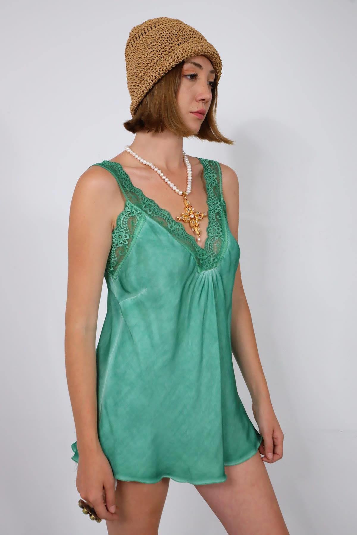 Green Lace Embroidered Silk Tank Top Green Lace Embroidered Silk Tank Top