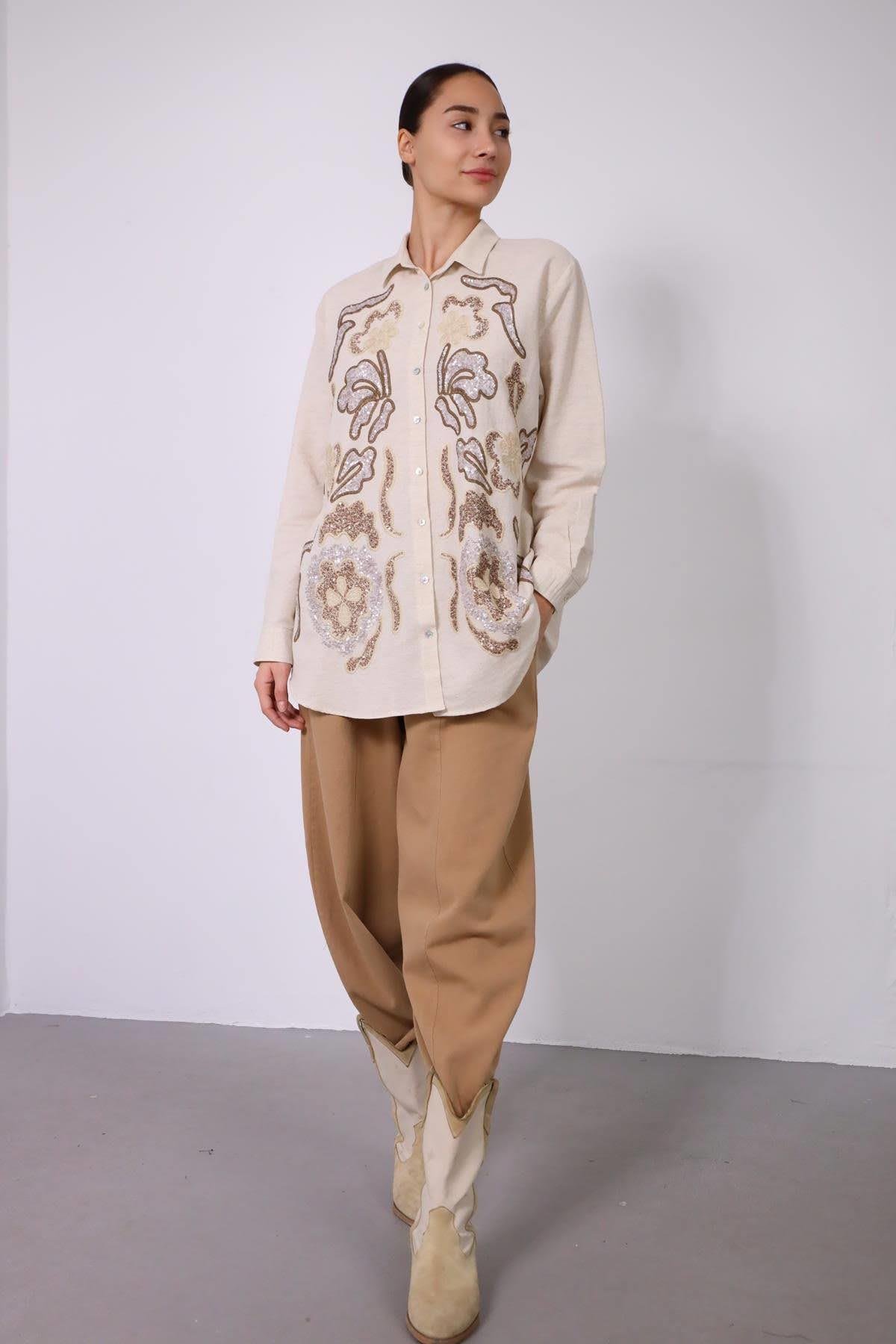 Krem Rengi Pul İşlemeli Oval Kesim Gömlek - Şaman Butik - Bohem Giyim ve Aksesuar | Kadın & Erkek Krem Rengi Pul İşlemeli Oval Kesim Gömlek