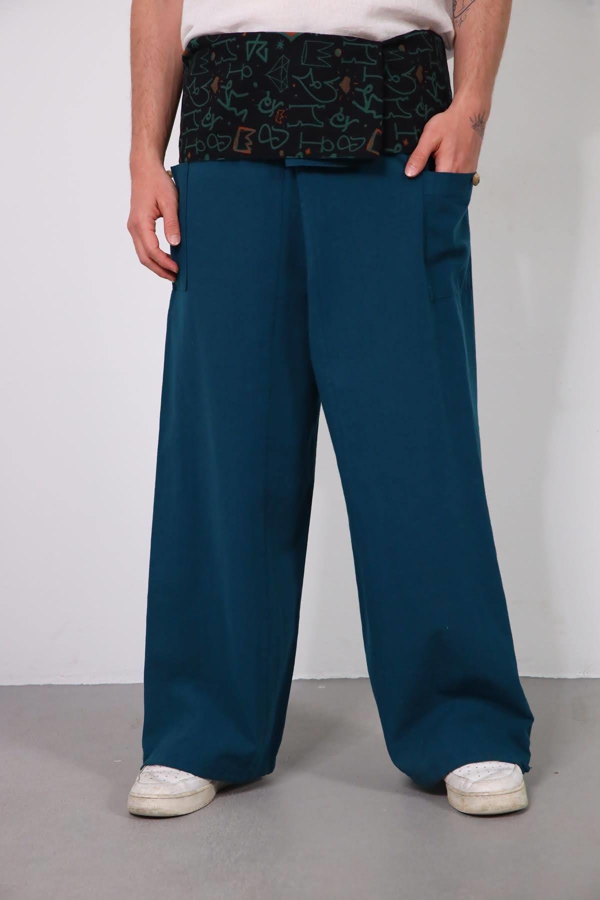  Petrol Mavisi Beli Desenli Balıkçı Pantolon
