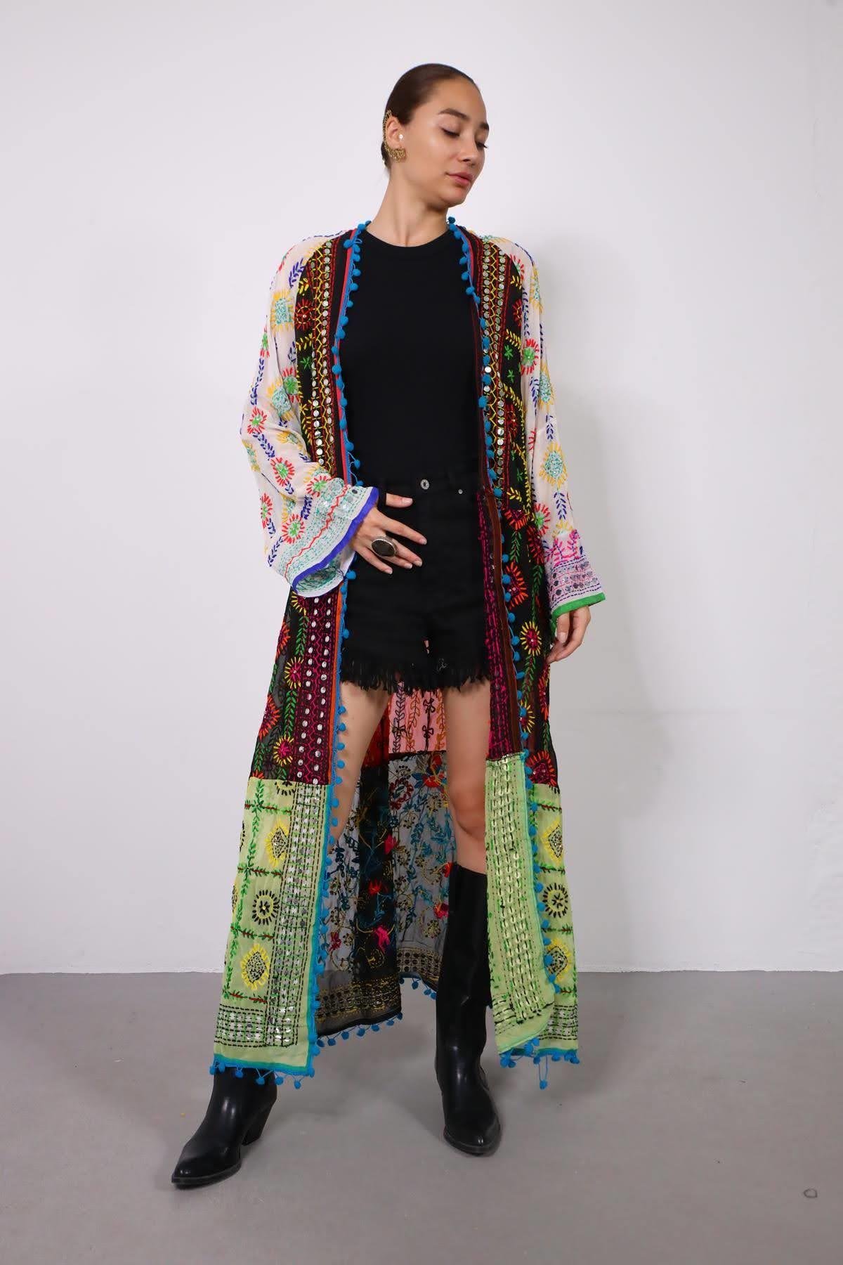 Ekru İşlemeli Bohem Uzun Kaftan - Şaman Butik Ekru İşlemeli Bohem Uzun Kaftan