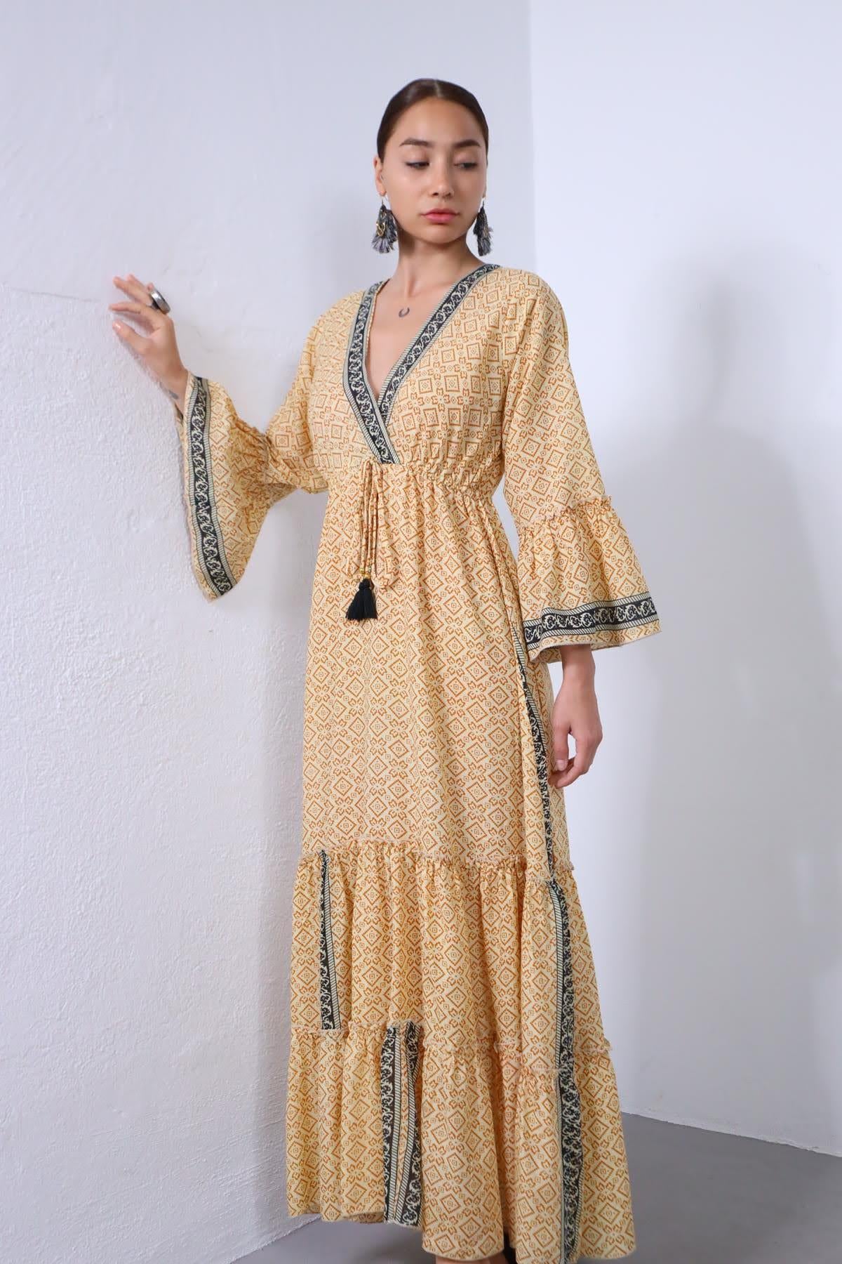 Hardal Rengi Kruvaze Yaka İspanyol Kol Elbise - Şaman Butik Hardal Rengi Kruvaze Yaka İspanyol Kol Elbise