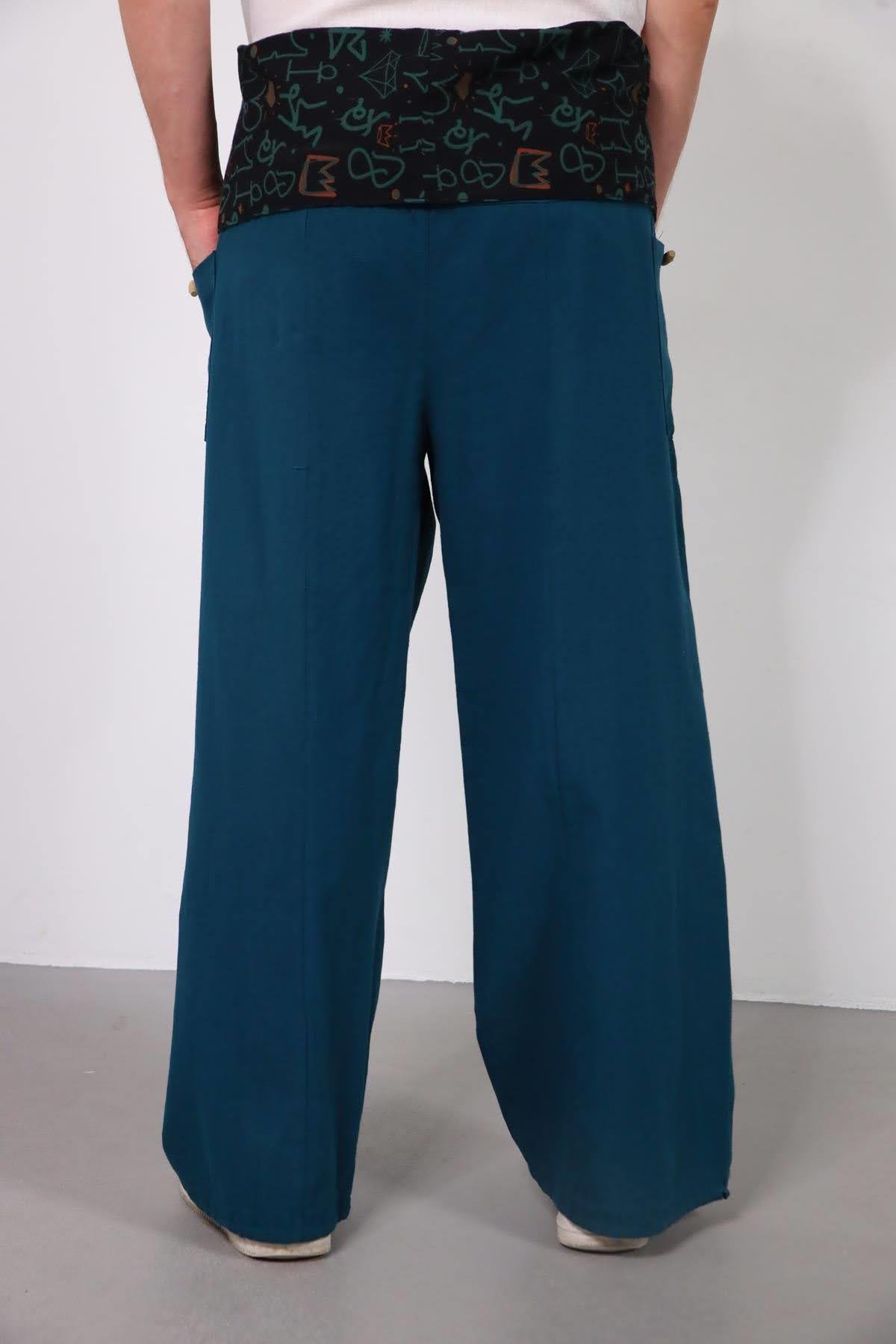  Petrol Mavisi Beli Desenli Balıkçı Pantolon