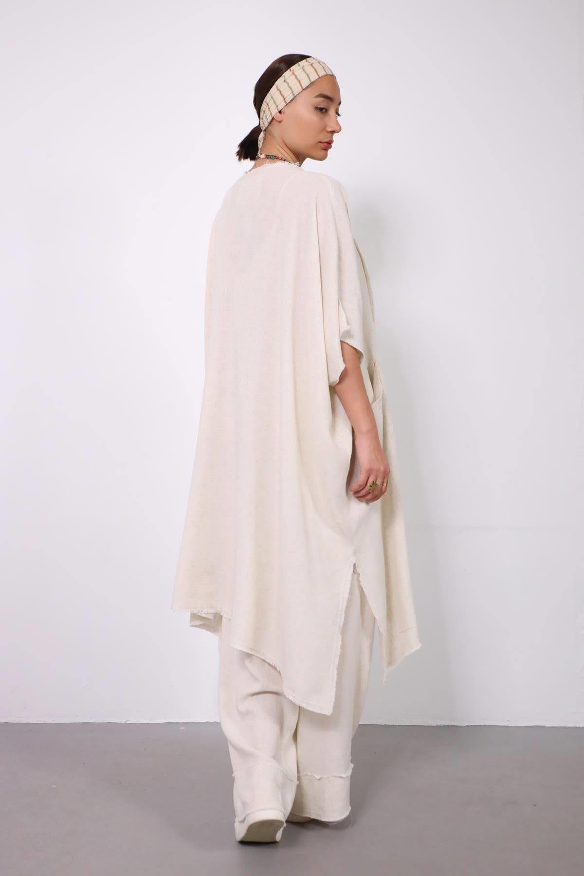 Cream Fringed Short Sleeve Caftan - Saman Butik | Shop Online Cream Fringed Short Sleeve Caftan