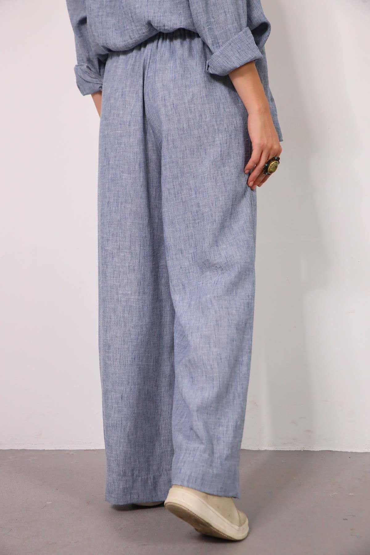 Mavi Keten Klasik Düğmeli Pantolon ve Gömlek Takım - Şaman Butik Mavi Keten Klasik Düğmeli Pantolon ve Gömlek Takım