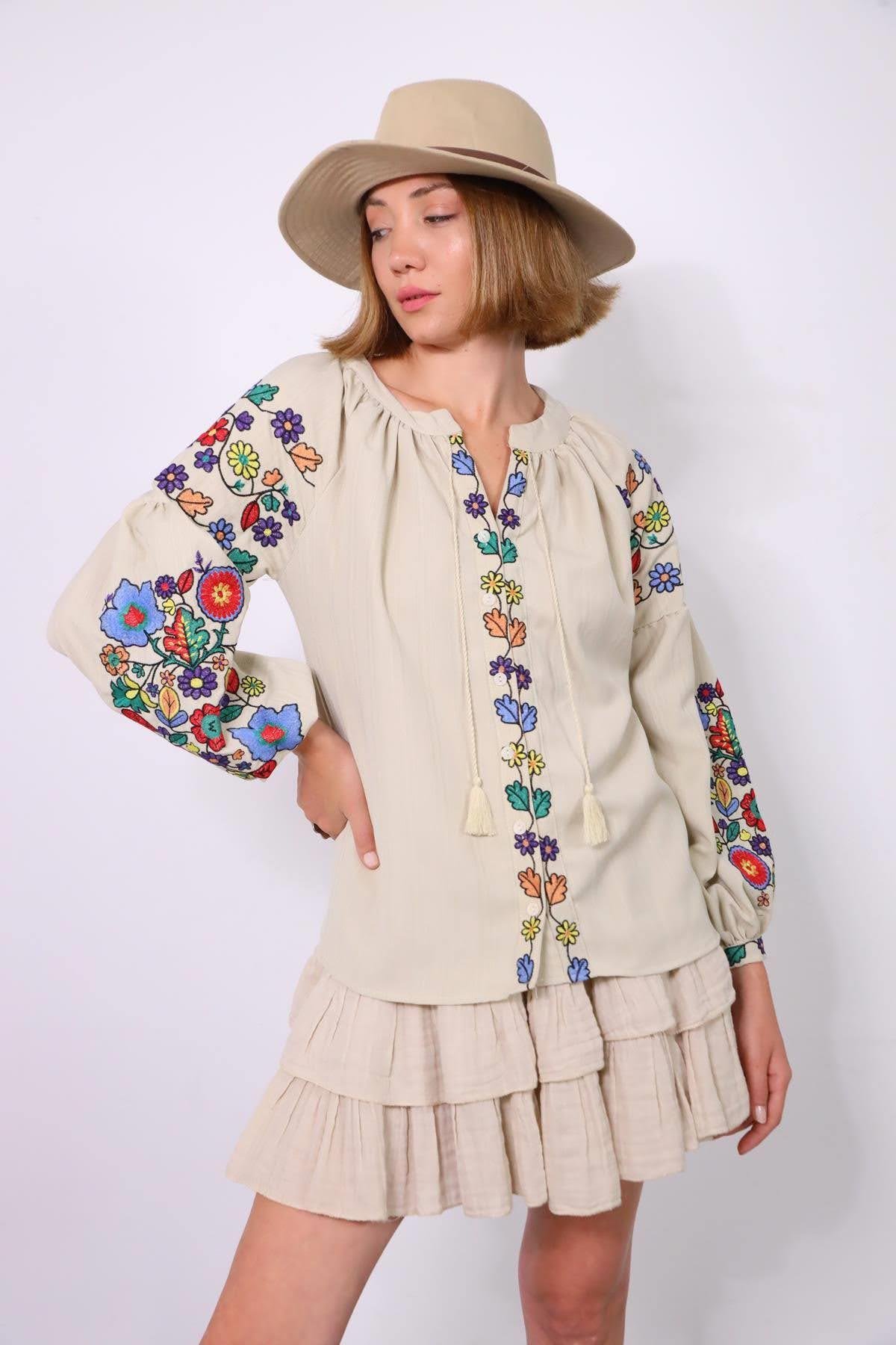 Beige Embroidery Bishop Sleeve Lace Up Collar Shirt - Saman Butik | Shop Online Beige Embroidery Bishop Sleeve Lace Up Collar Shirt