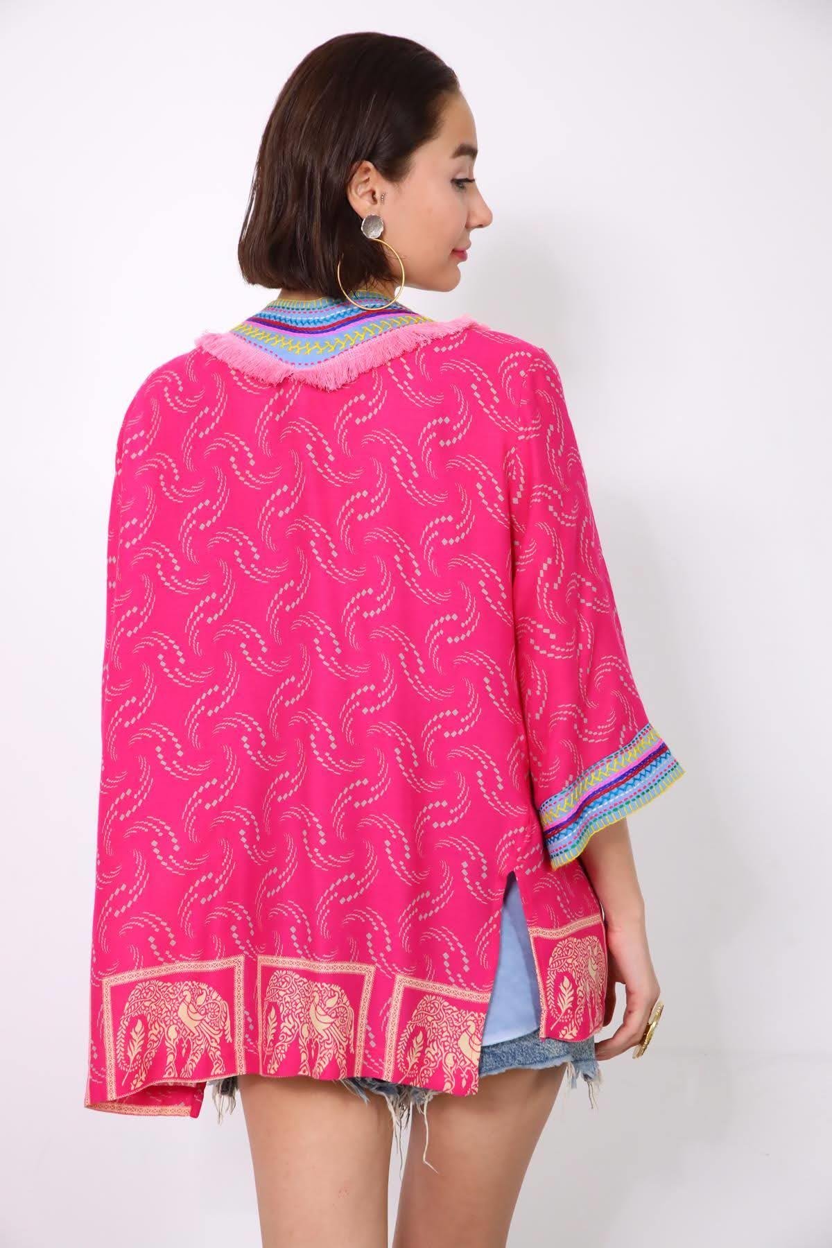 Pembe Yakası Püsküllü İşlemeli Otantik Kısa Kaftan - Şaman Butik Pembe Yakası Püsküllü İşlemeli Otantik Kısa Kaftan