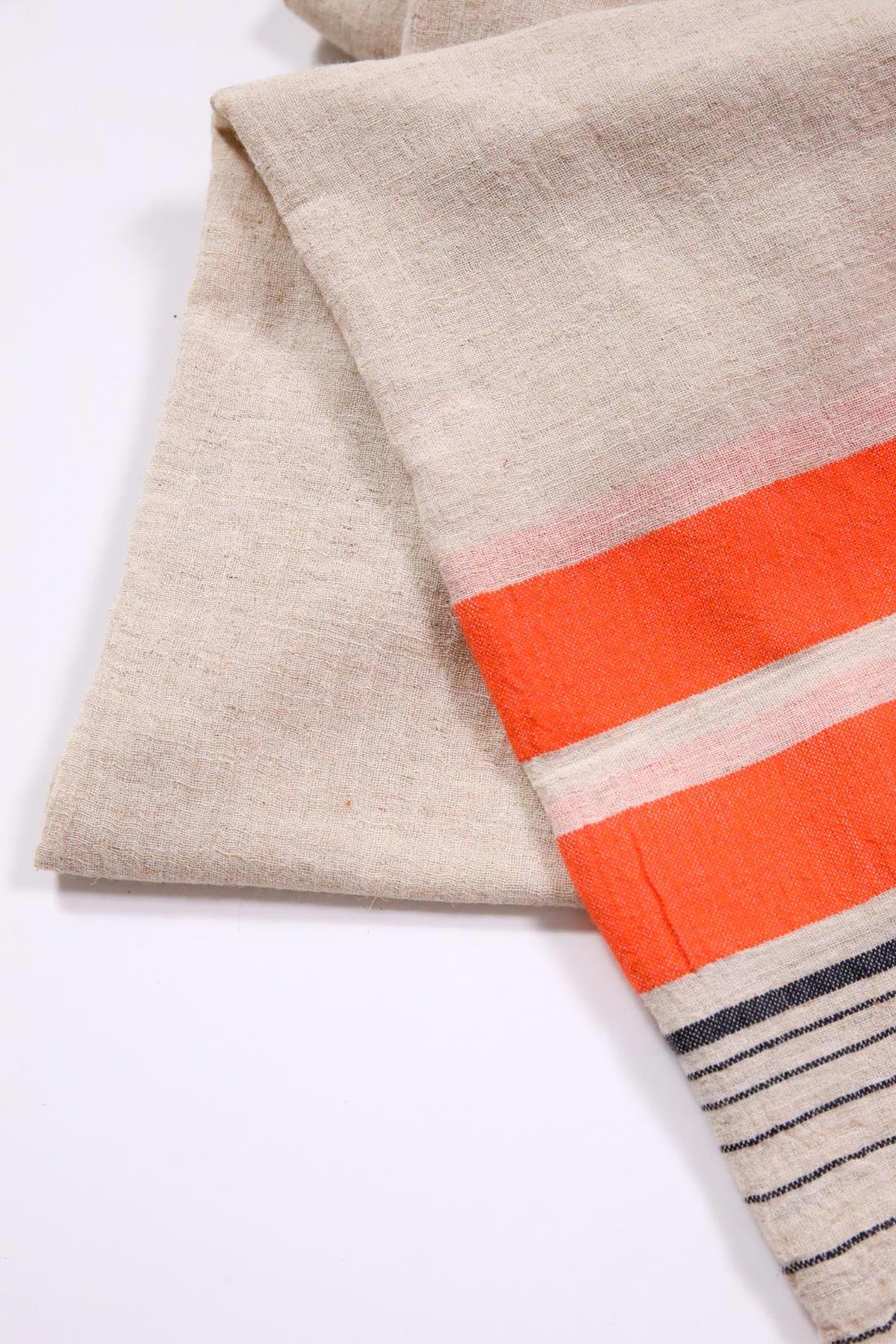 Turuncu Çizgili Keten Hale Şal - Şaman Butik Turuncu Çizgili Keten Hale Şal