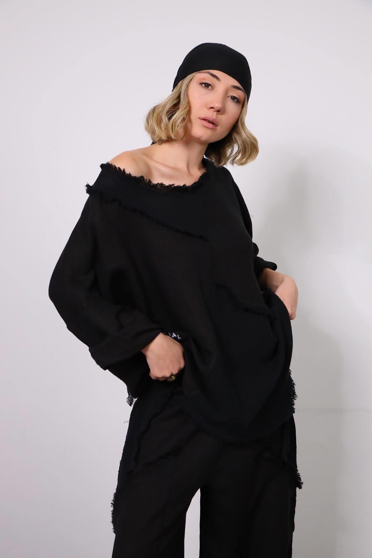 Siyah Asimetrik Kesim Saçaklı File Detaylı Keten Takım - Şaman Butik Siyah Asimetrik Kesim Saçaklı File Detaylı Keten Takım