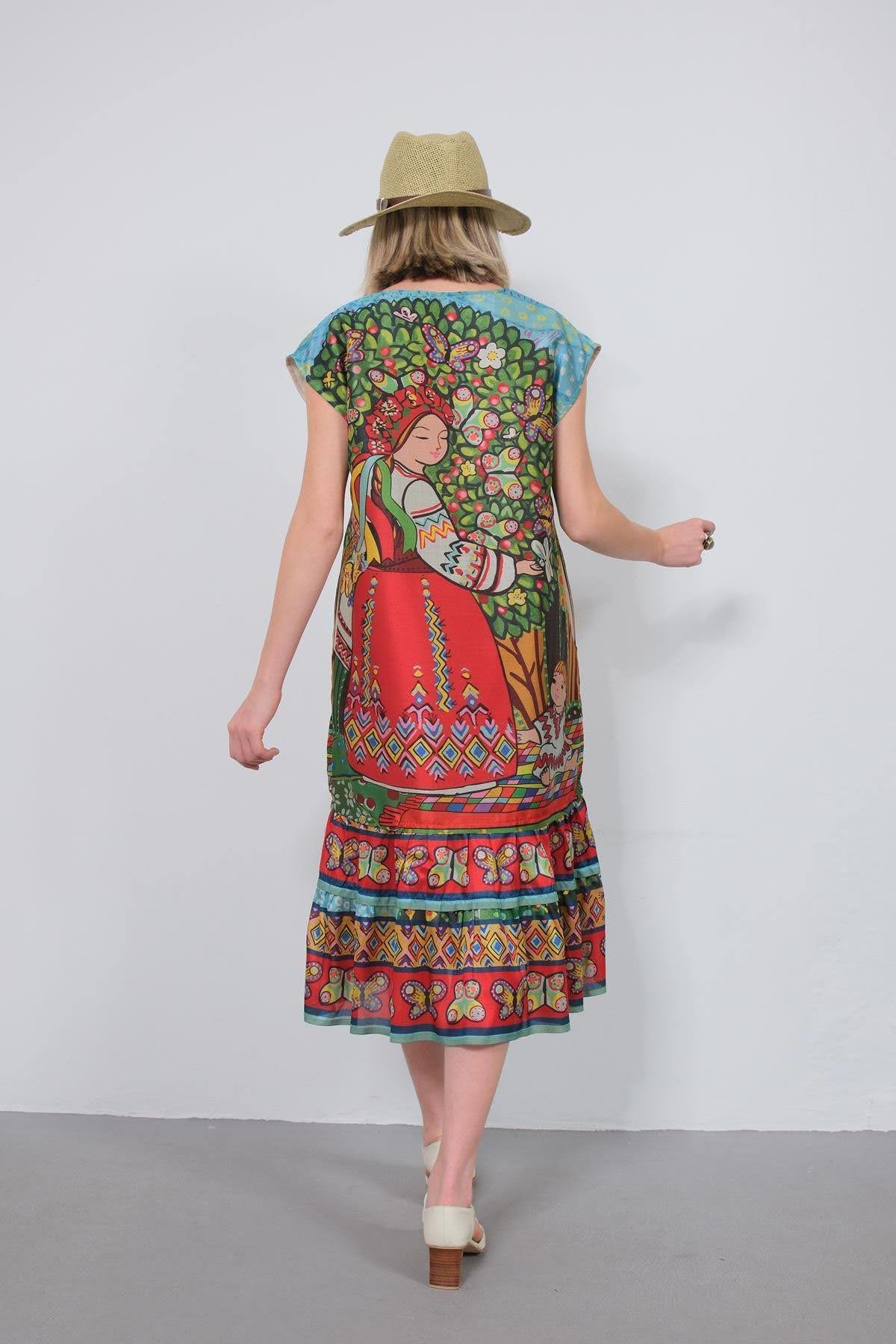 Renkli V Yaka Etnik Desenli İpek Elbise - Şaman Butik Renkli V Yaka Etnik Desenli İpek Elbise