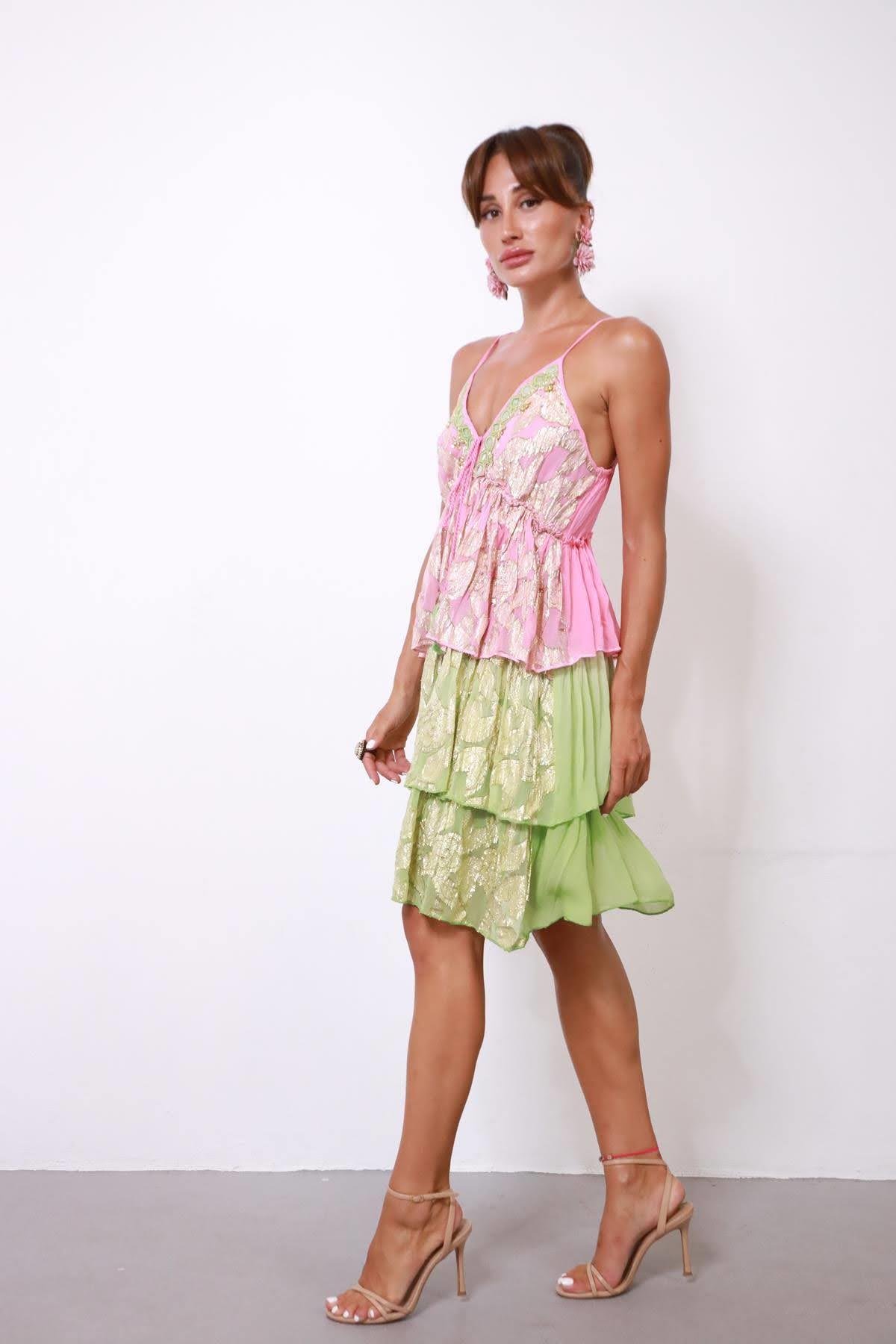 Yeşil Pembe İşlemeli Ayna Detaylı Askılı Kat Kat Mini Elbise - Şaman Butik Yeşil Pembe İşlemeli Ayna Detaylı Askılı Kat Kat Mini Elbise