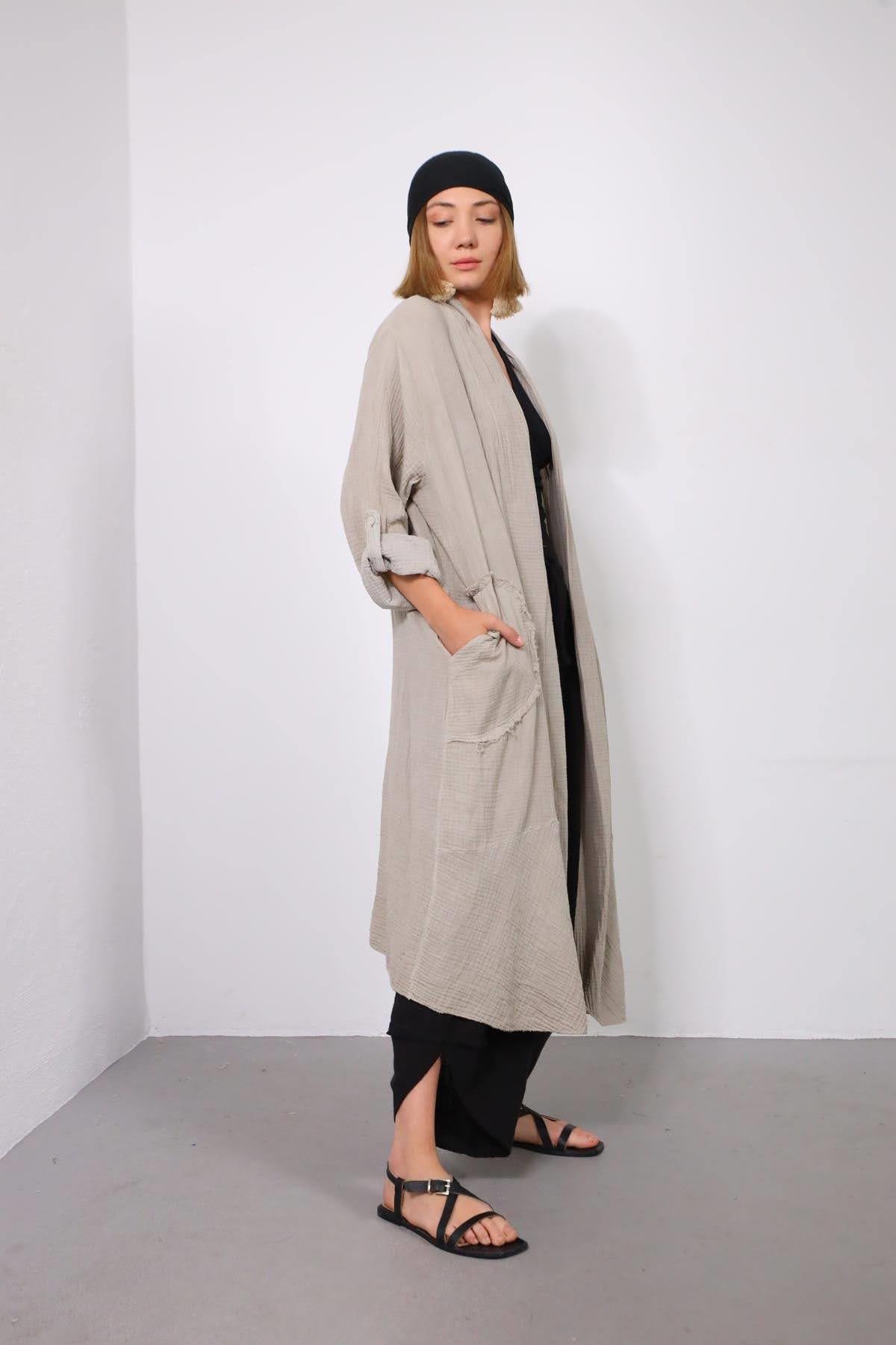  Vizon Rengi Cebi Püskül Detaylı Yıkama Müslin Kaftan