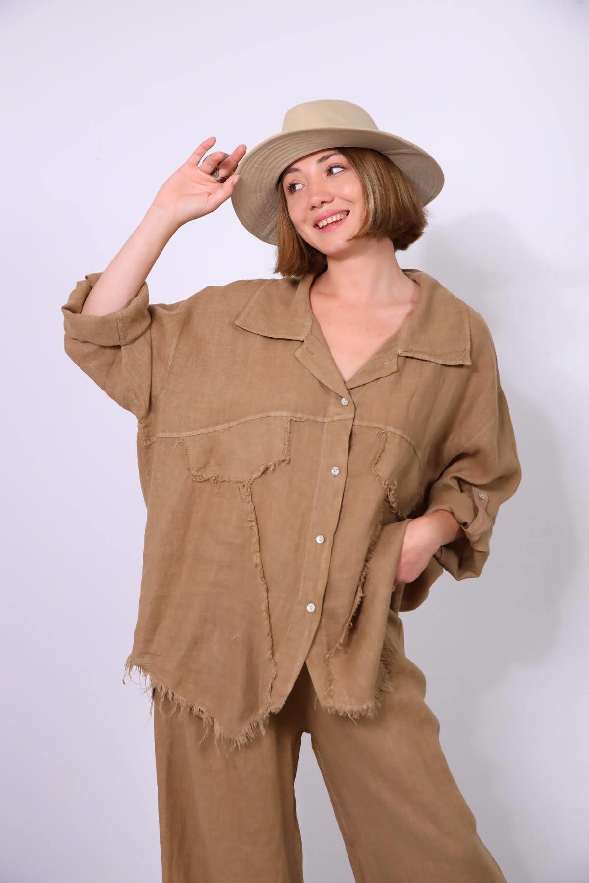  Camel Rengi Püsküllü Dikiş Detaylı Gömlek Pantolon Keten Takım