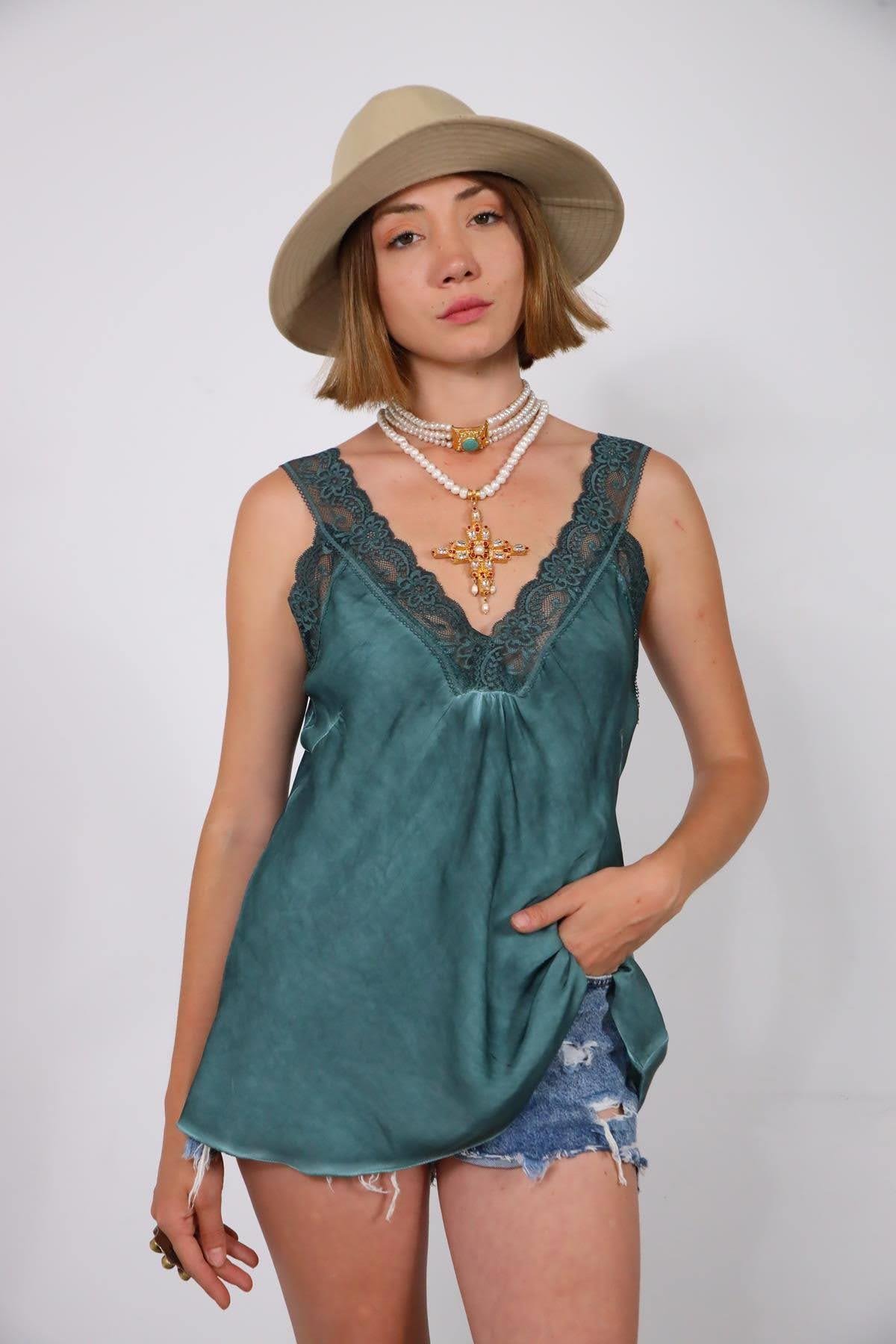Navy Blue Floral Stitched Waist Shirt Dress - Şaman Butik Emerald Green Lace Embroidered Silk Tank Top