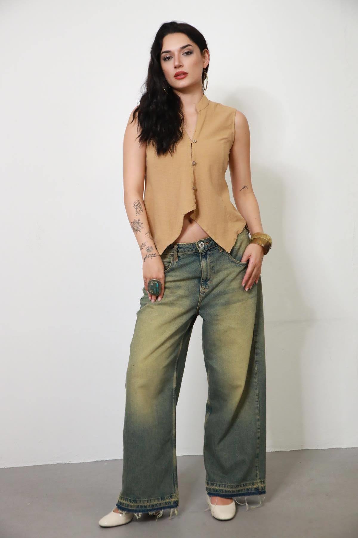 Camel Rengi Dikişli Keten Yelek