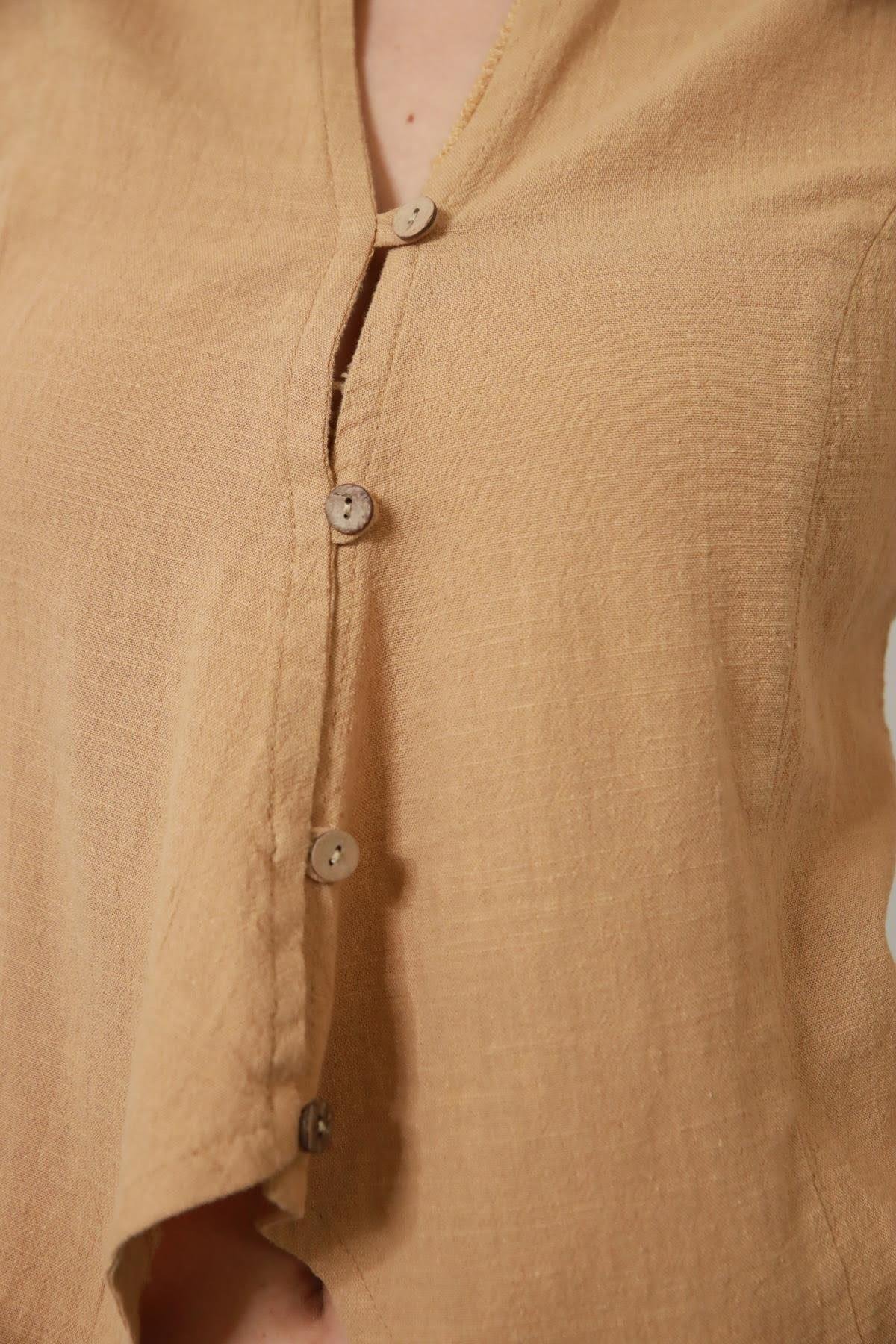 Camel Rengi Dikişli Keten Yelek