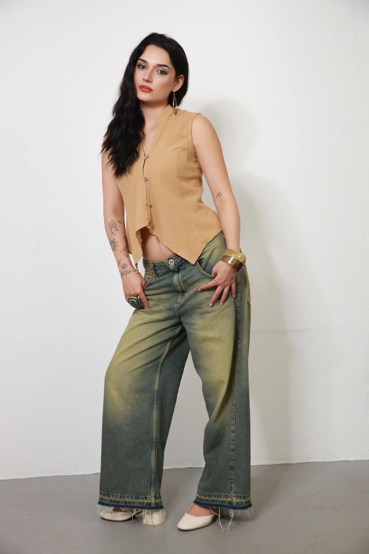 Camel Rengi Dikişli Keten Yelek