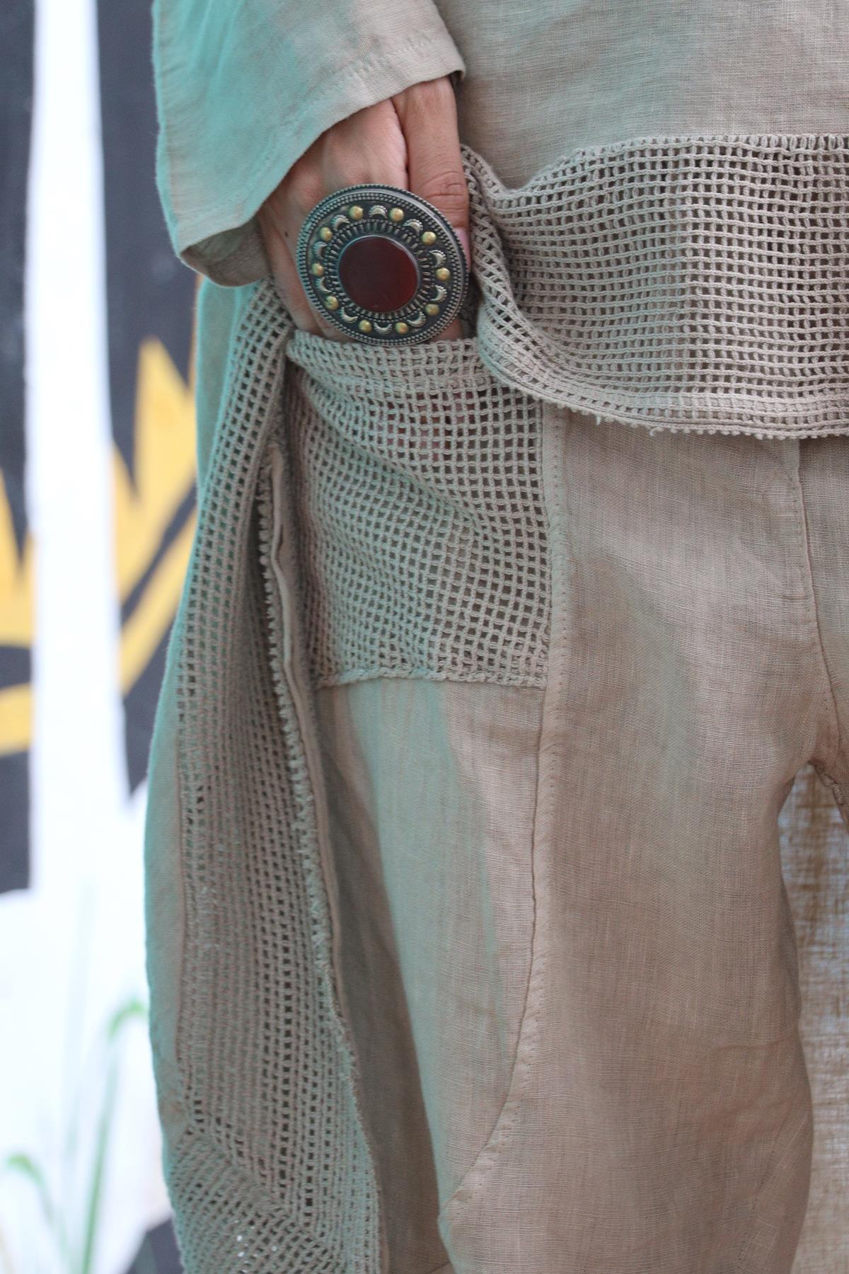 Camel Rengi File Detaylı Keten Arkası Uzun Bluz ve Pantolon Takım