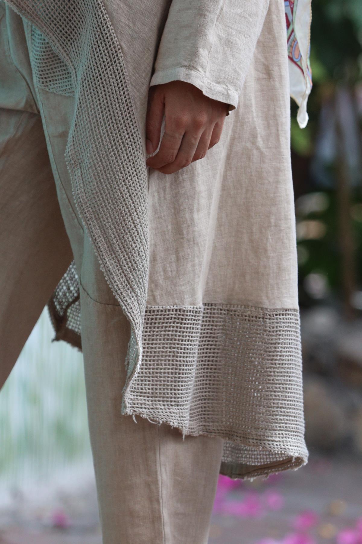 Camel Rengi File Detaylı Keten Arkası Uzun Bluz ve Pantolon Takım