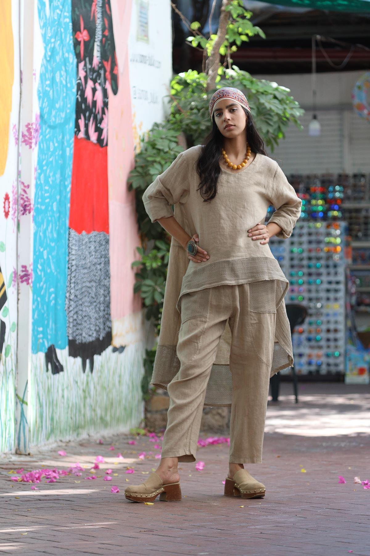 Camel Rengi File Detaylı Keten Arkası Uzun Bluz ve Pantolon Takım