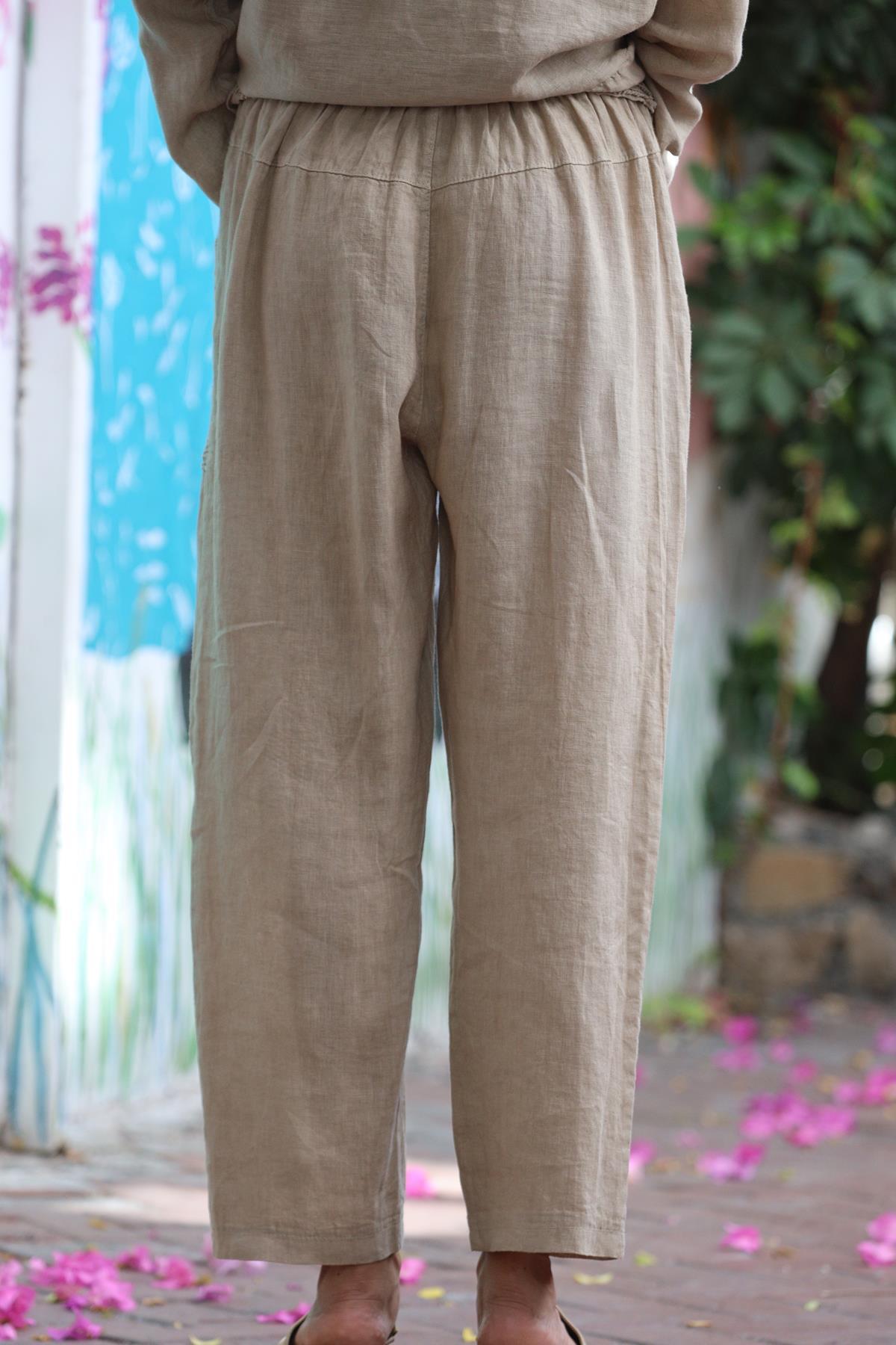 Camel Rengi File Detaylı Keten Arkası Uzun Bluz ve Pantolon Takım