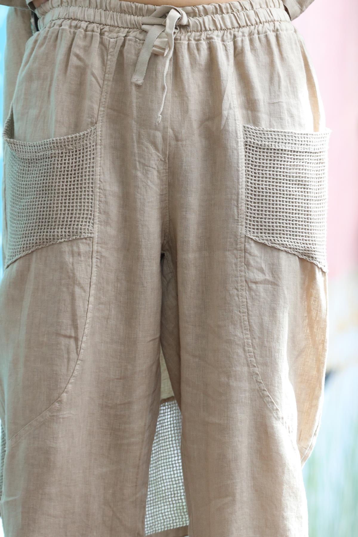 Camel Rengi File Detaylı Keten Arkası Uzun Bluz ve Pantolon Takım