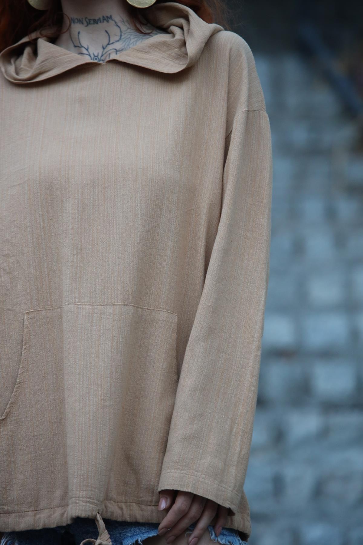 Camel Rengi Kapüşonlu Kanguru Cepli Büzgülü Sweat