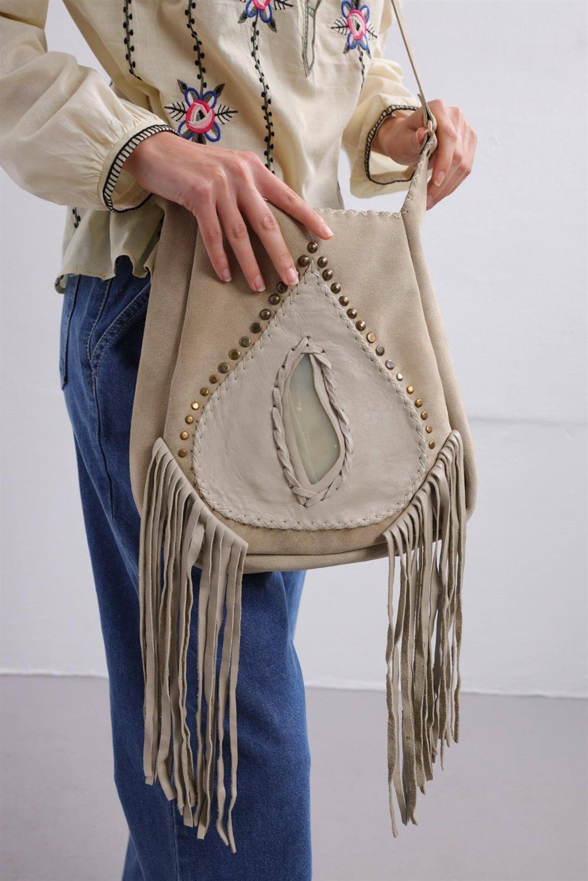 Stone Color Natural Stone Detailed Tasseled Leather Bag - Saman Butik | Shop Online Stone Color Natural Stone Detailed Tasseled Leather Bag